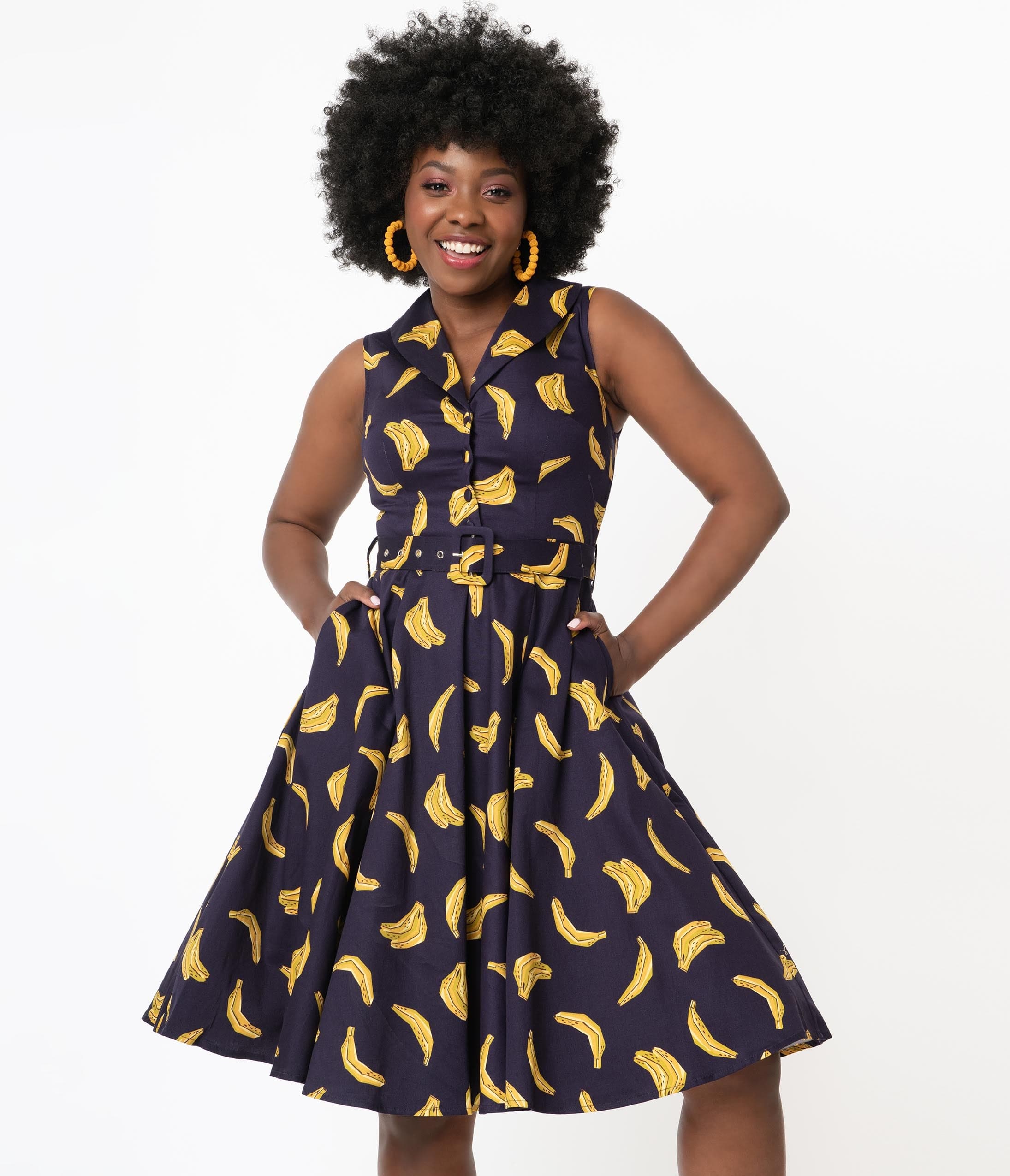 1960s Navy & Yellow Banana Print Jani Swing Dress