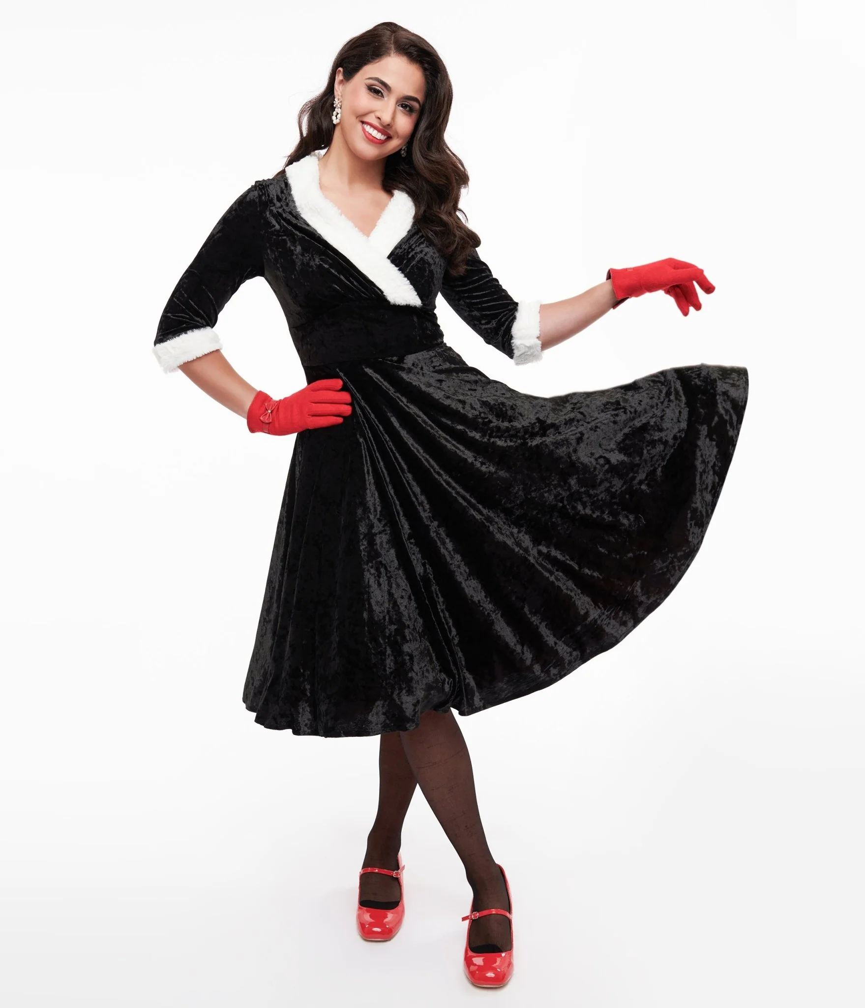 Unique Vintage 1950s Black Crushed Velvet & White Fur Delores Swing Dress