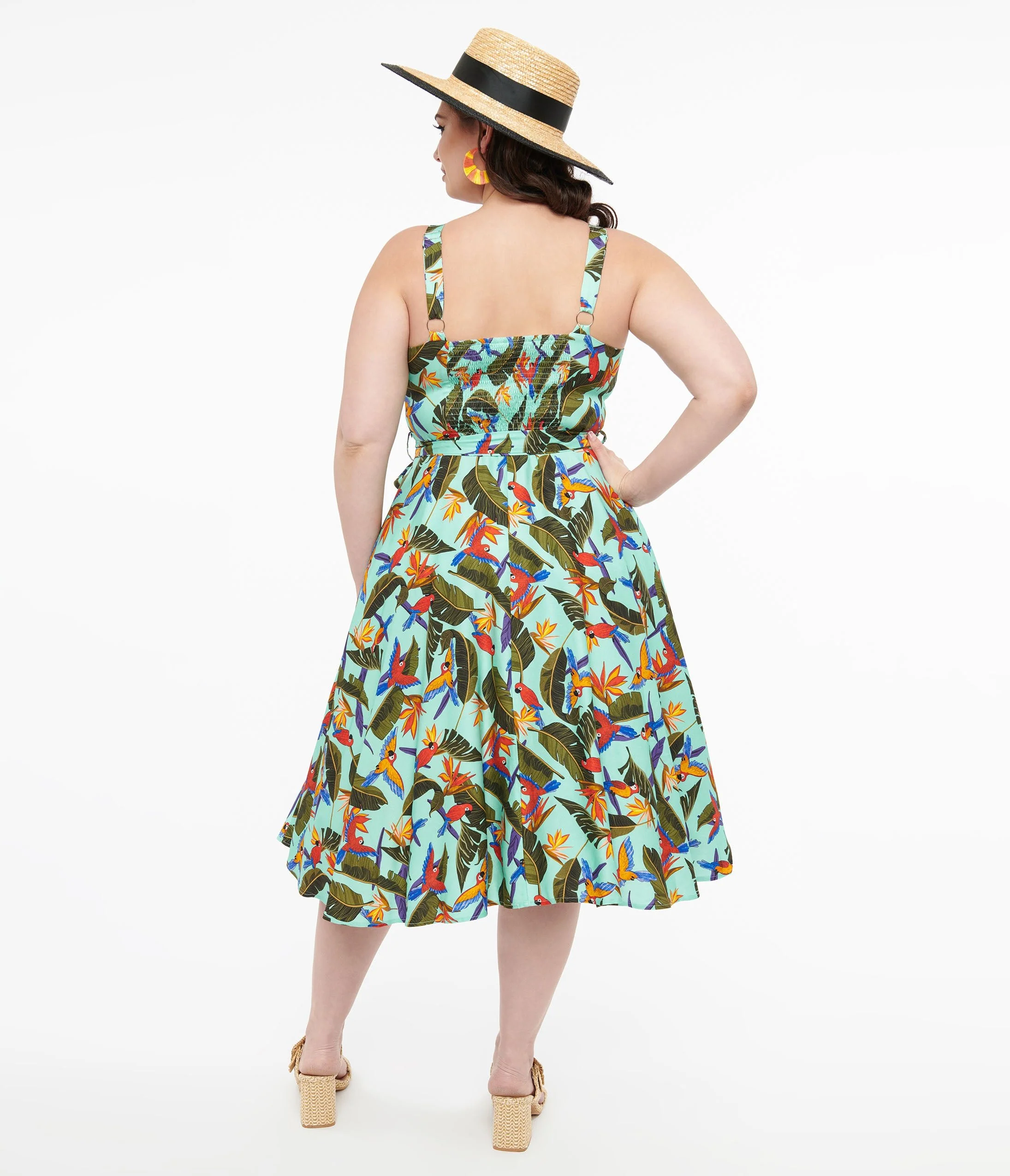 Plus Size 1950s Blue & Green Tropical Parrot Print Lori Swing Dress