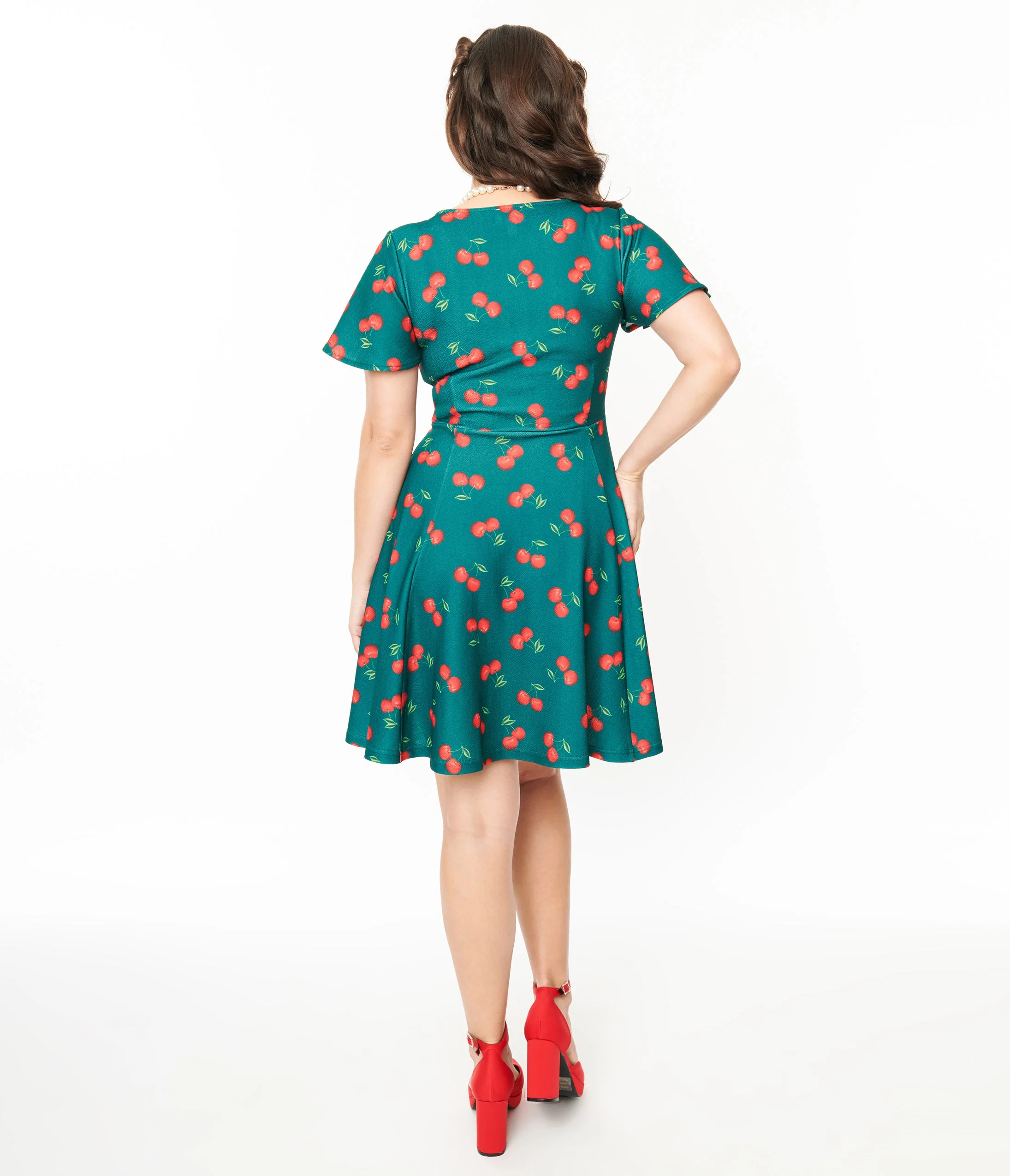 Unique Vintage 1950s Emerald & Cherry Print Poppy Flare Dress