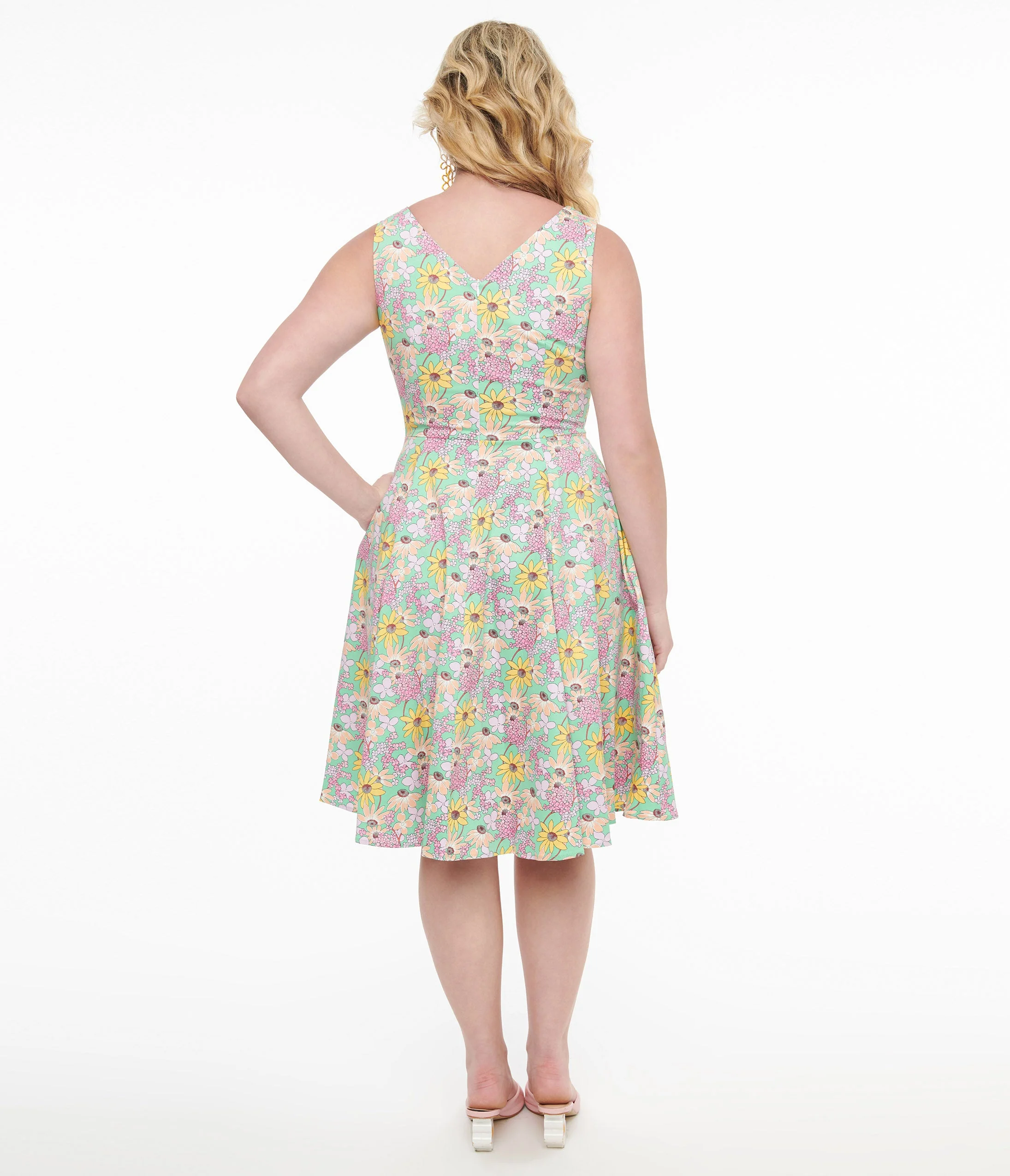 Green & Multicolor Floral Cotton Swing Dress