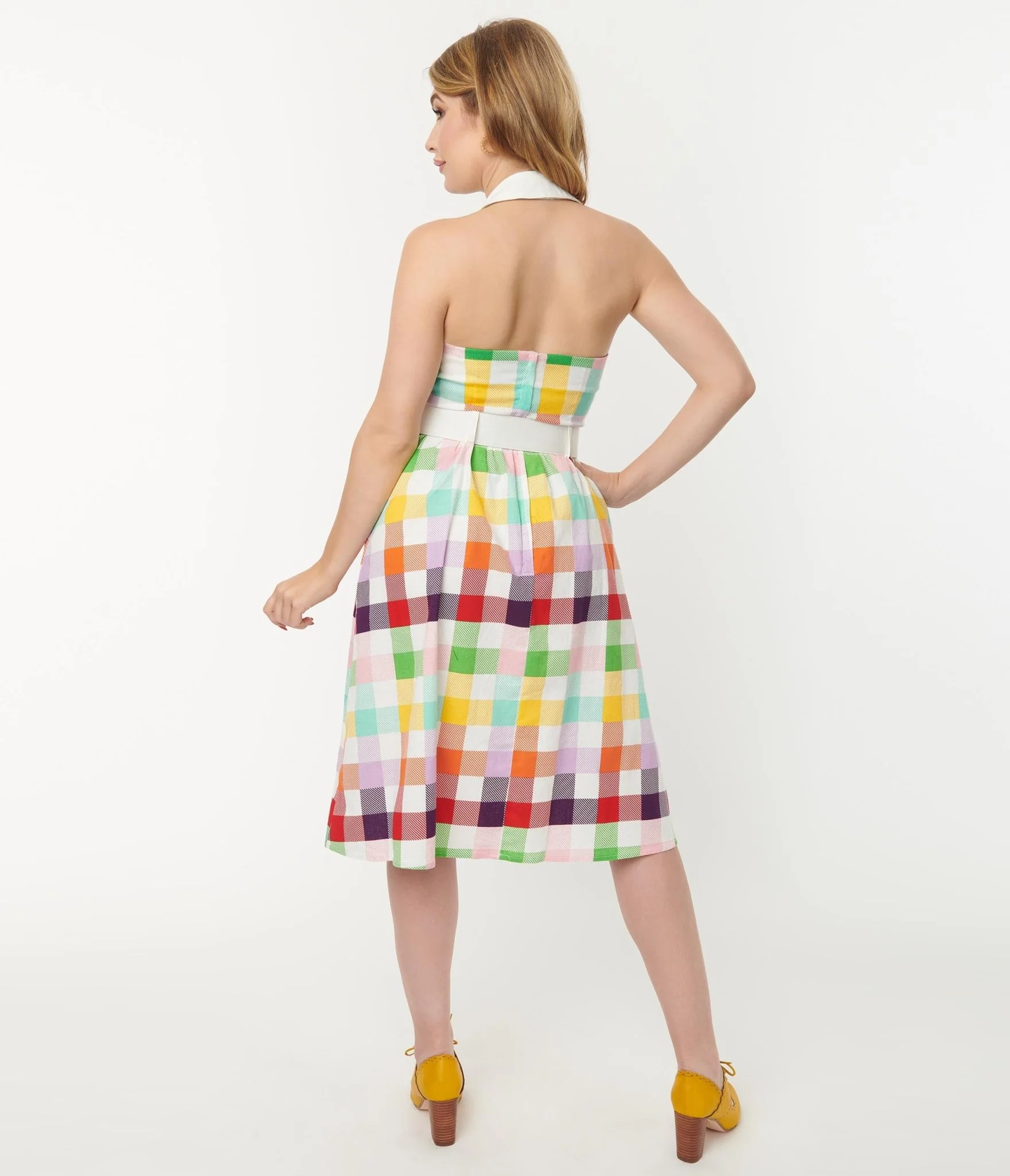 Collectif Rainbow Checkered Halter Waverly Swing Dress