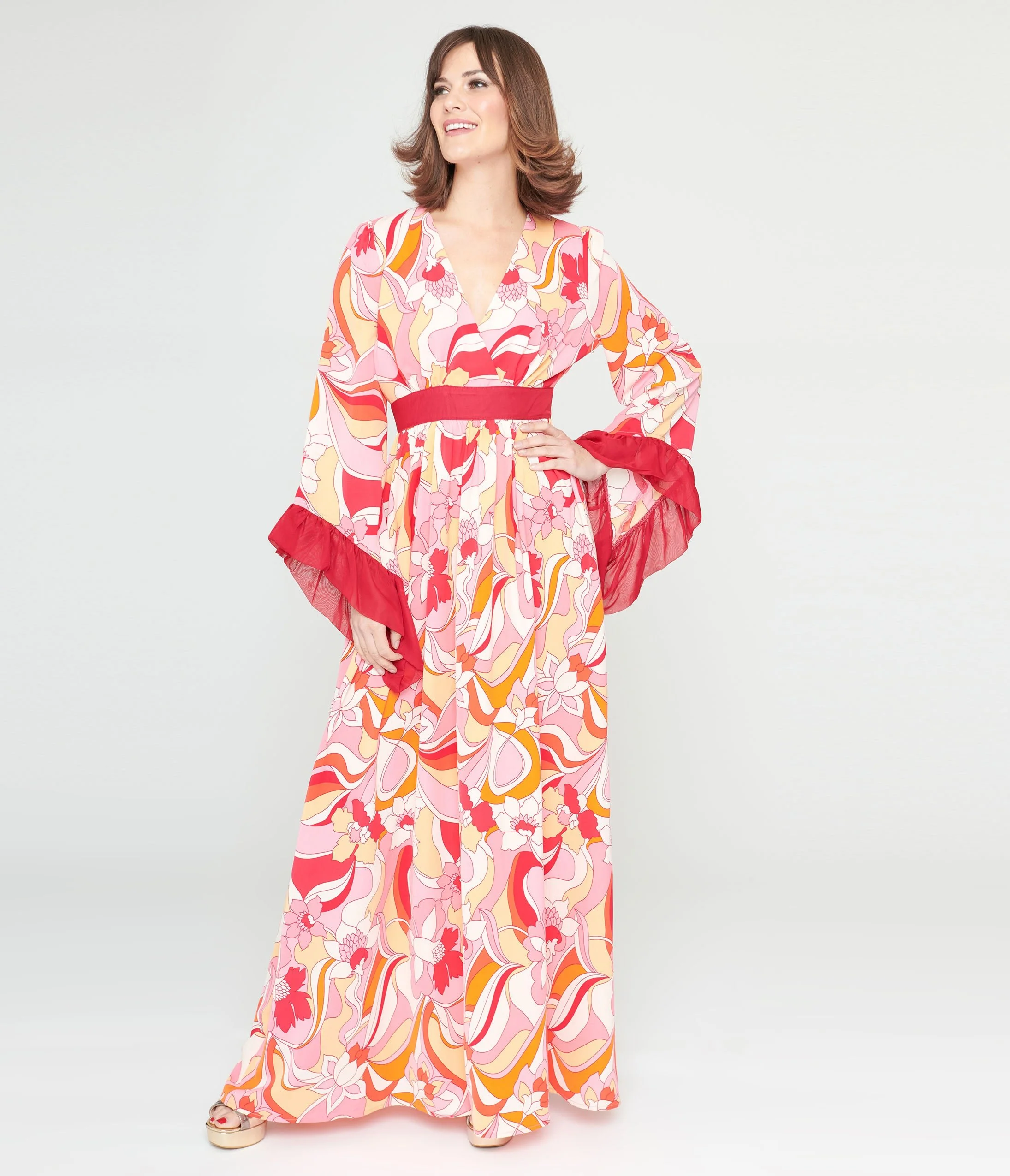 Unique Vintage 1960s Pink & Red Psychedelic Floral Maxi Dress
