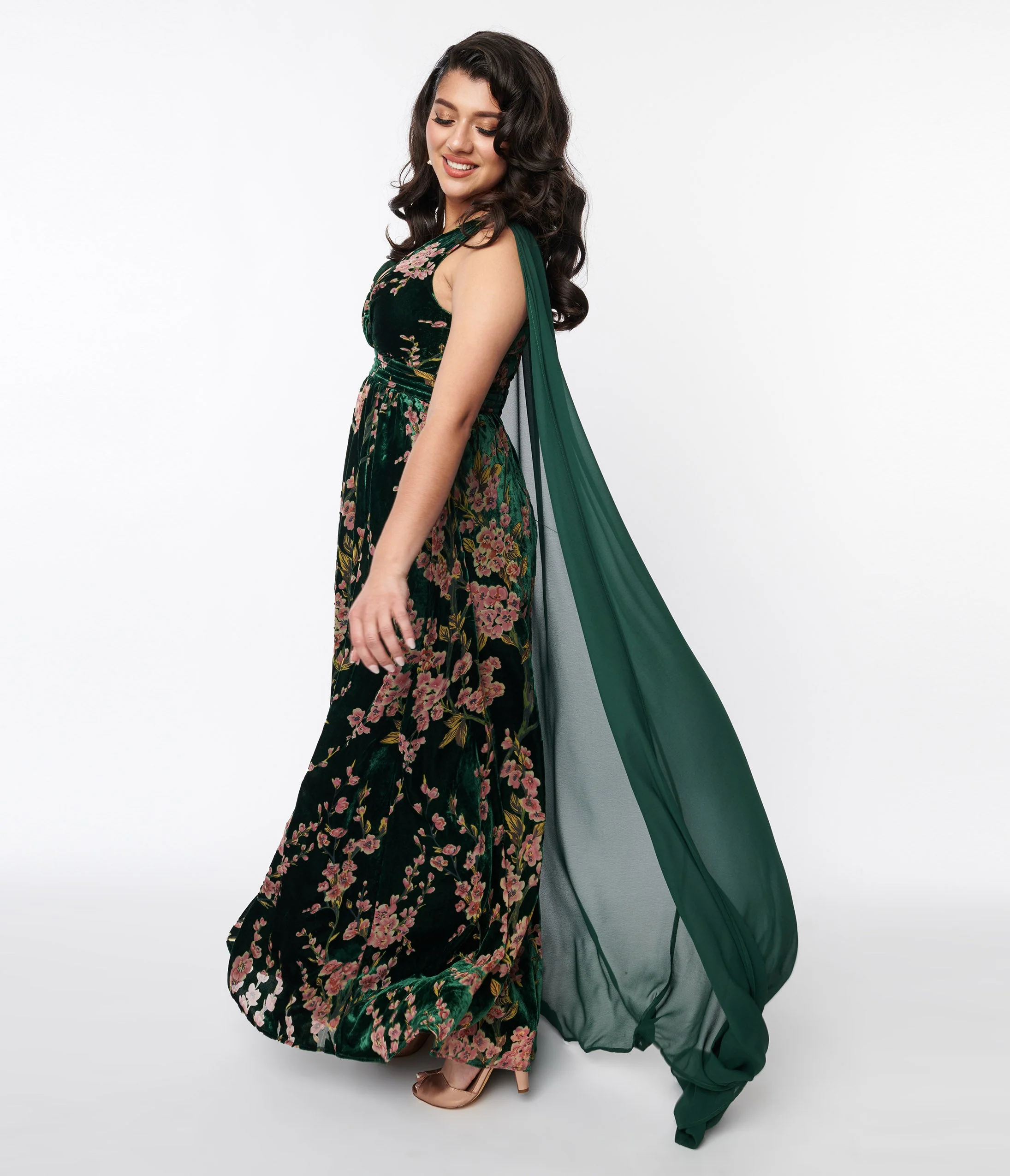 Unique Vintage Emerald & Cherry Blossom Velvet Cape Maxi Dress