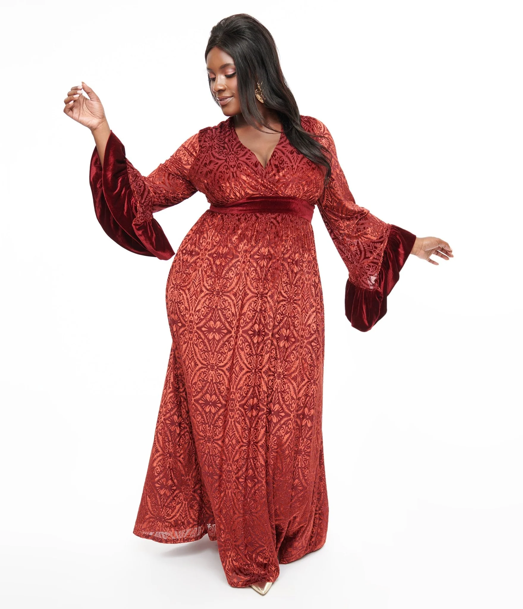 Unique Vintage Plus Size 1960s Burgundy Velvet Burnout Maxi Dress