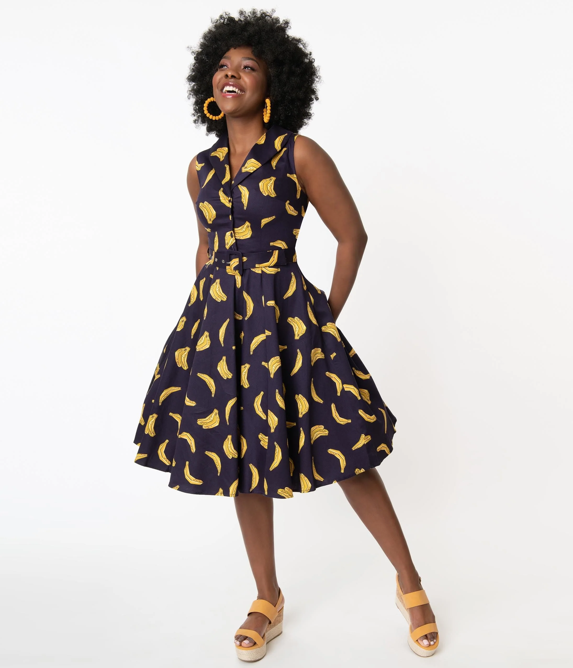 1960s Navy & Yellow Banana Print Jani Swing Dress