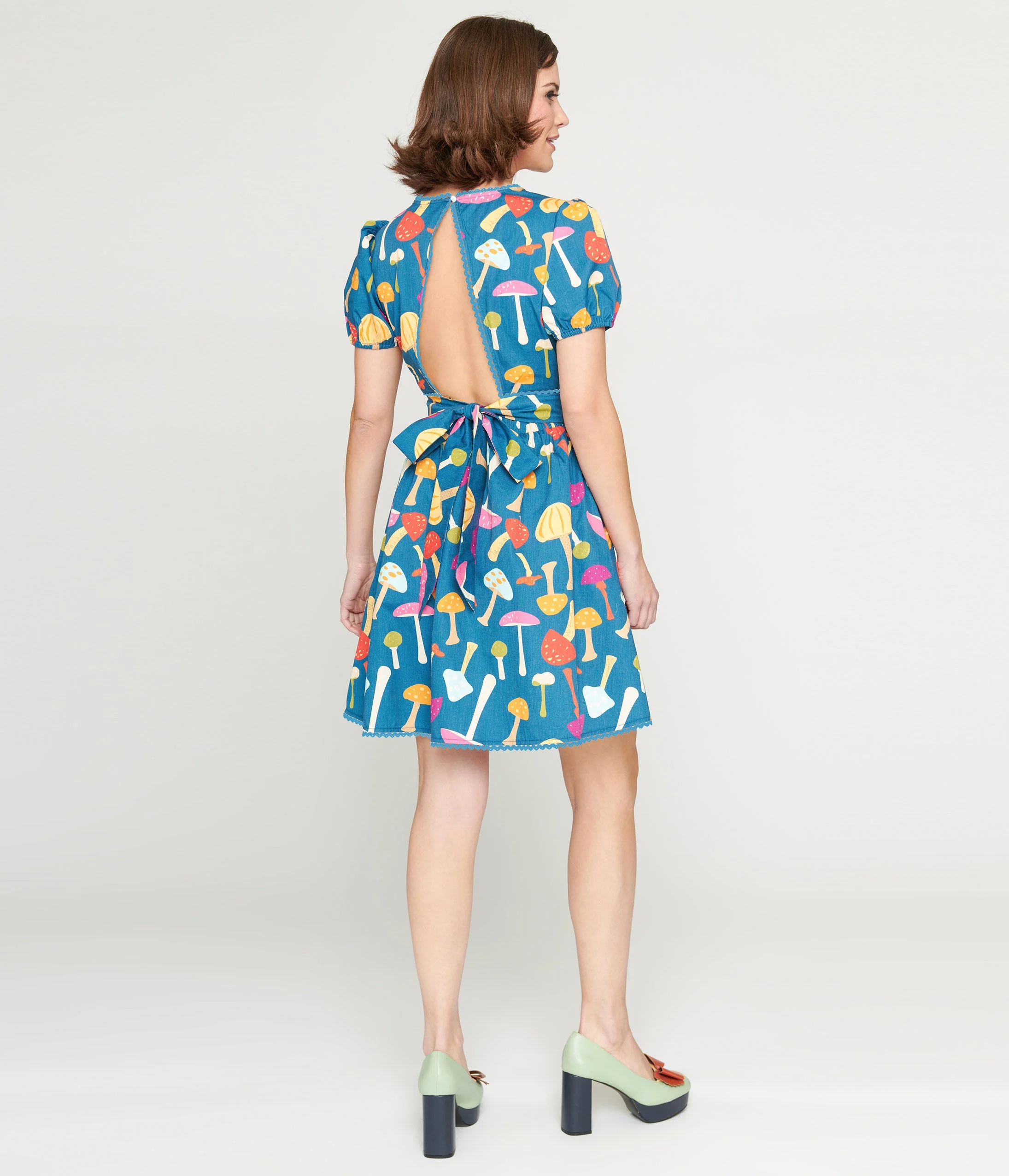 Smak Parlour 1960s Navy & Rainbow Mushroom Open Back Flare Dress
