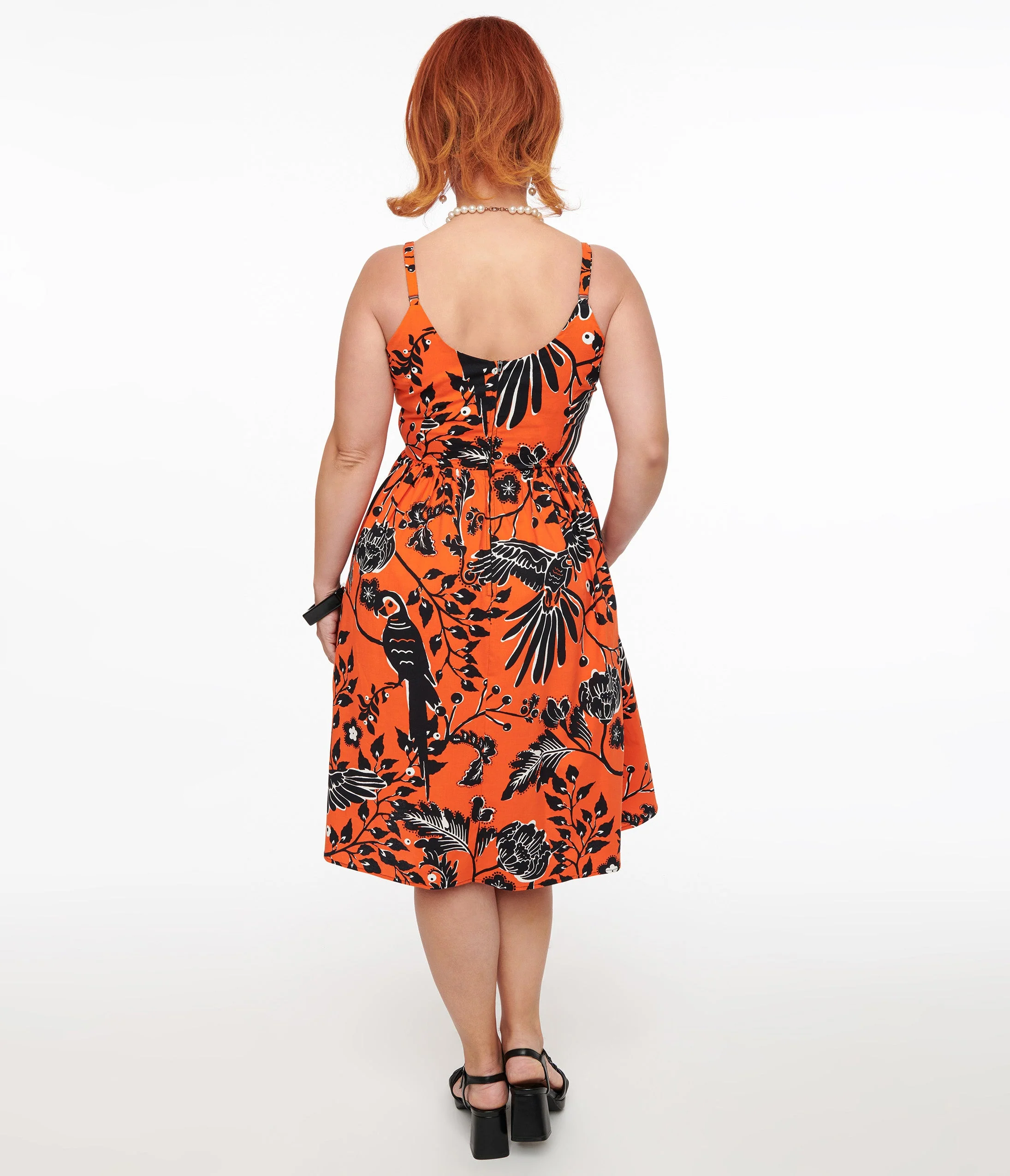 Hell Bunny 1950s Orange & Black Parrot Print Rio Swing Dress