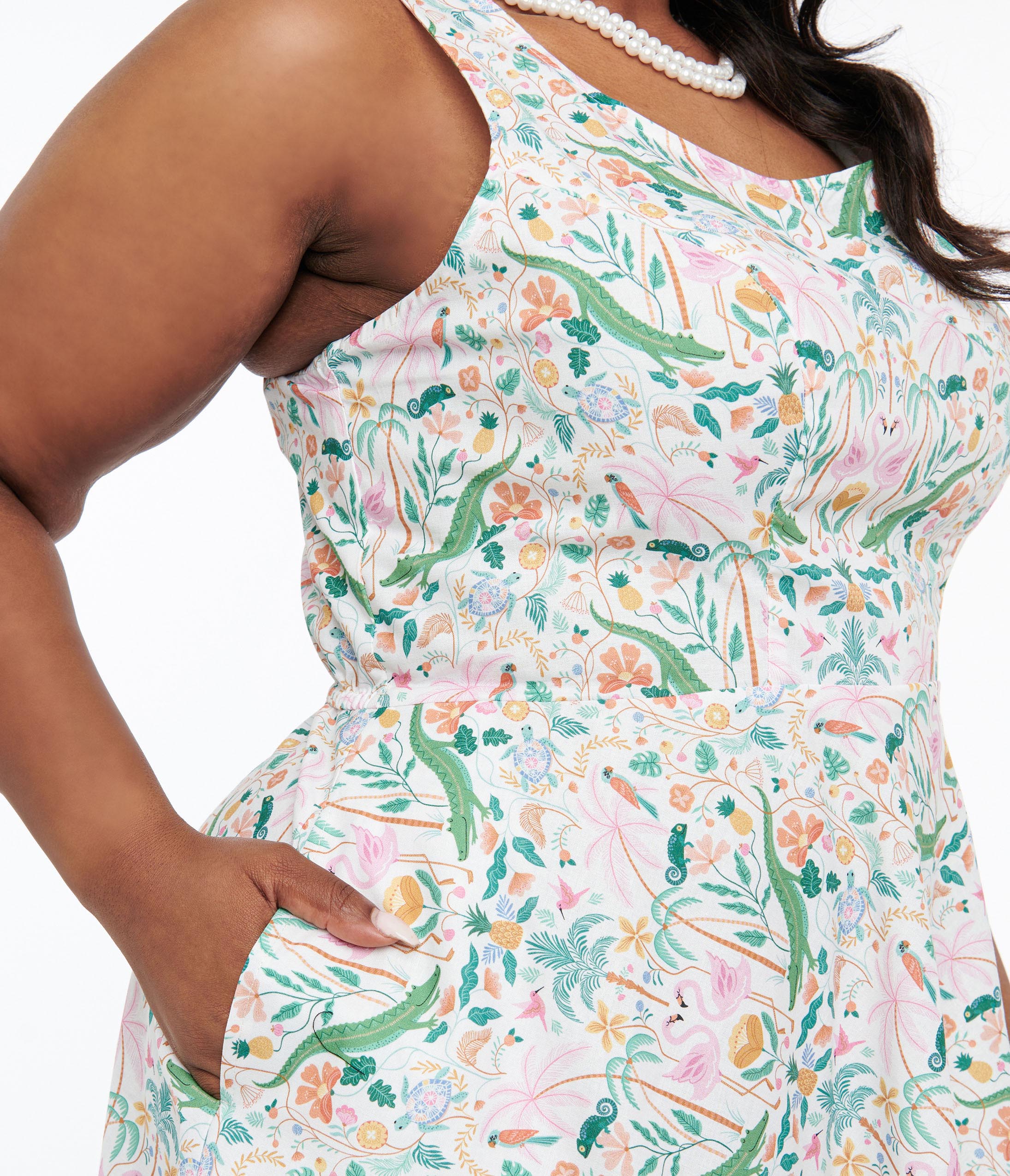 Retrolicious Plus Size 1950s White & Tropical Print Cotton Skater Dress