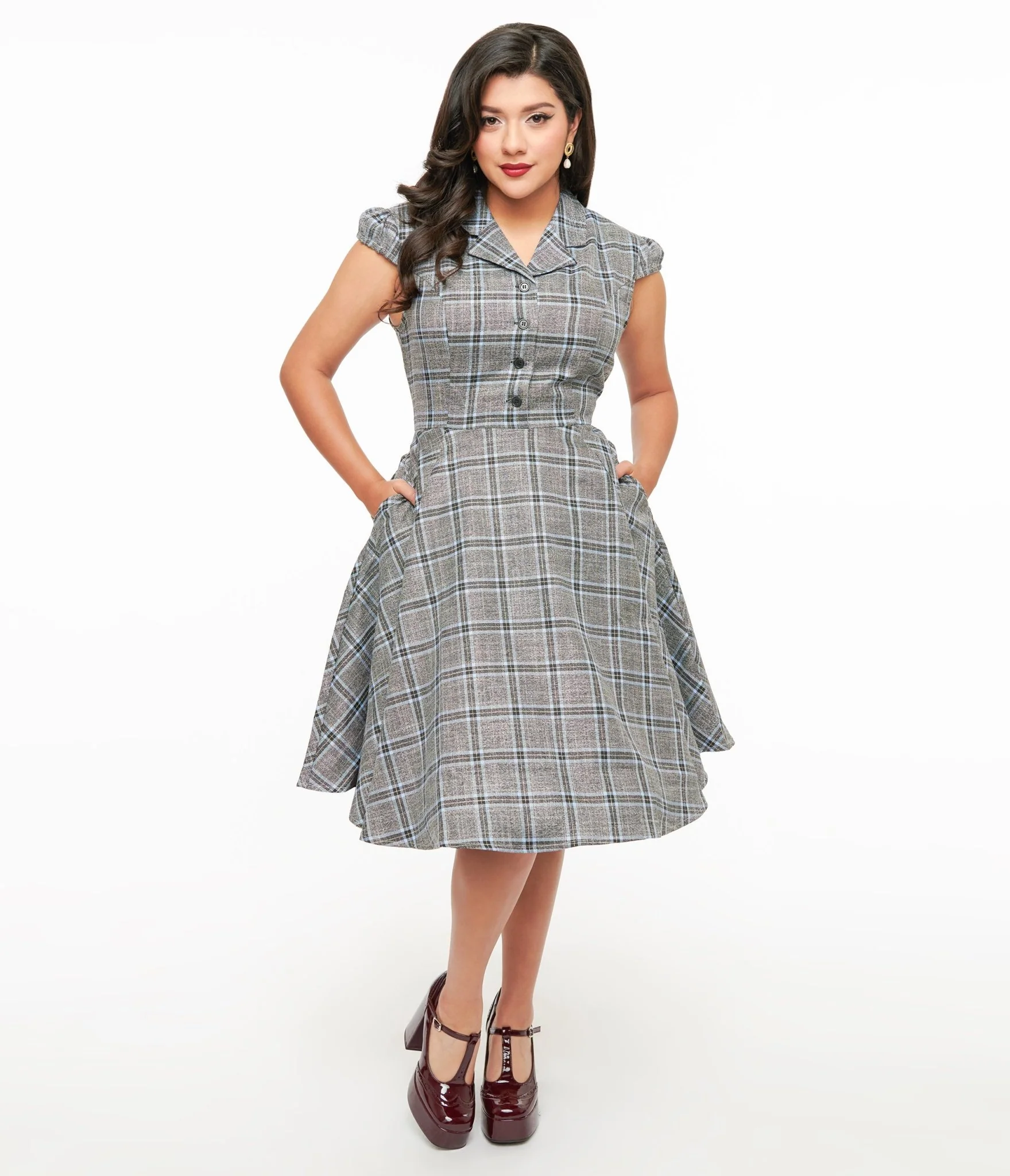 1950s Grey & Blue Plaid Swing Dress