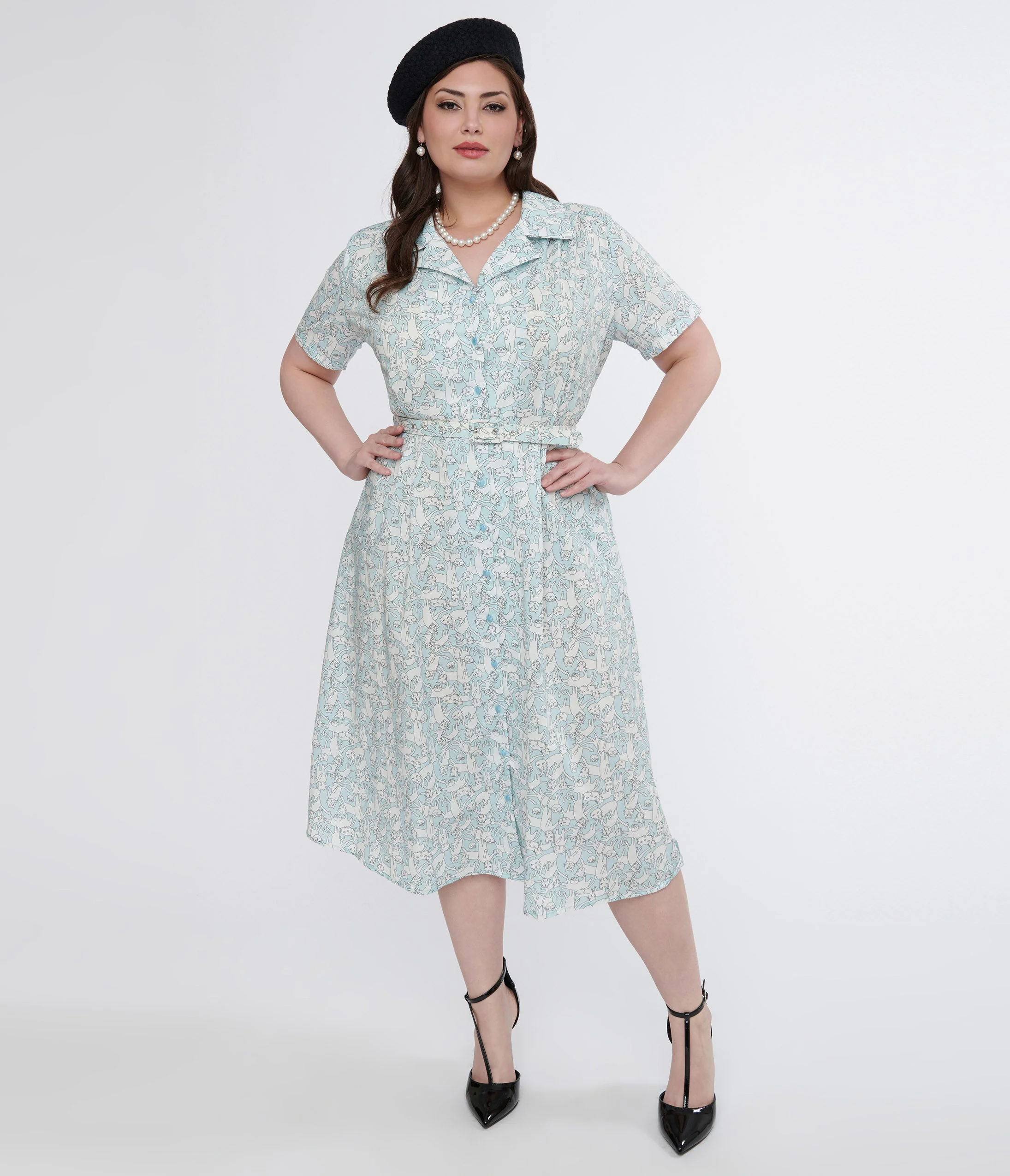Plus Size 1940s Light Blue & White Cat Print Cotton Midi Dress