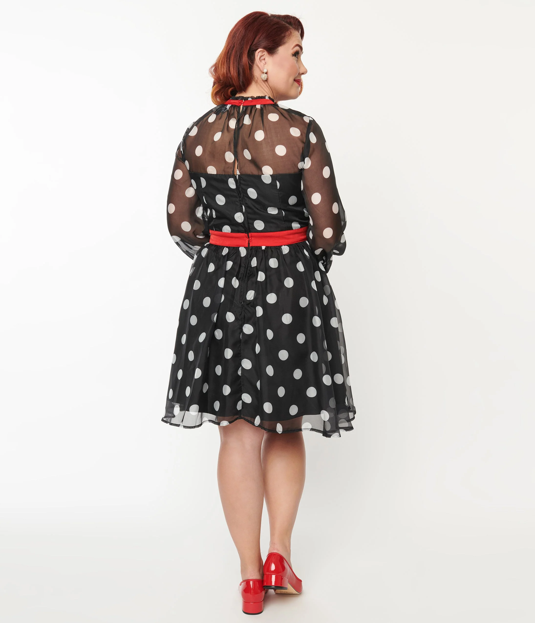 Unique Vintage Plus Size Black & White Polka Dot Flocked Tulle Dress