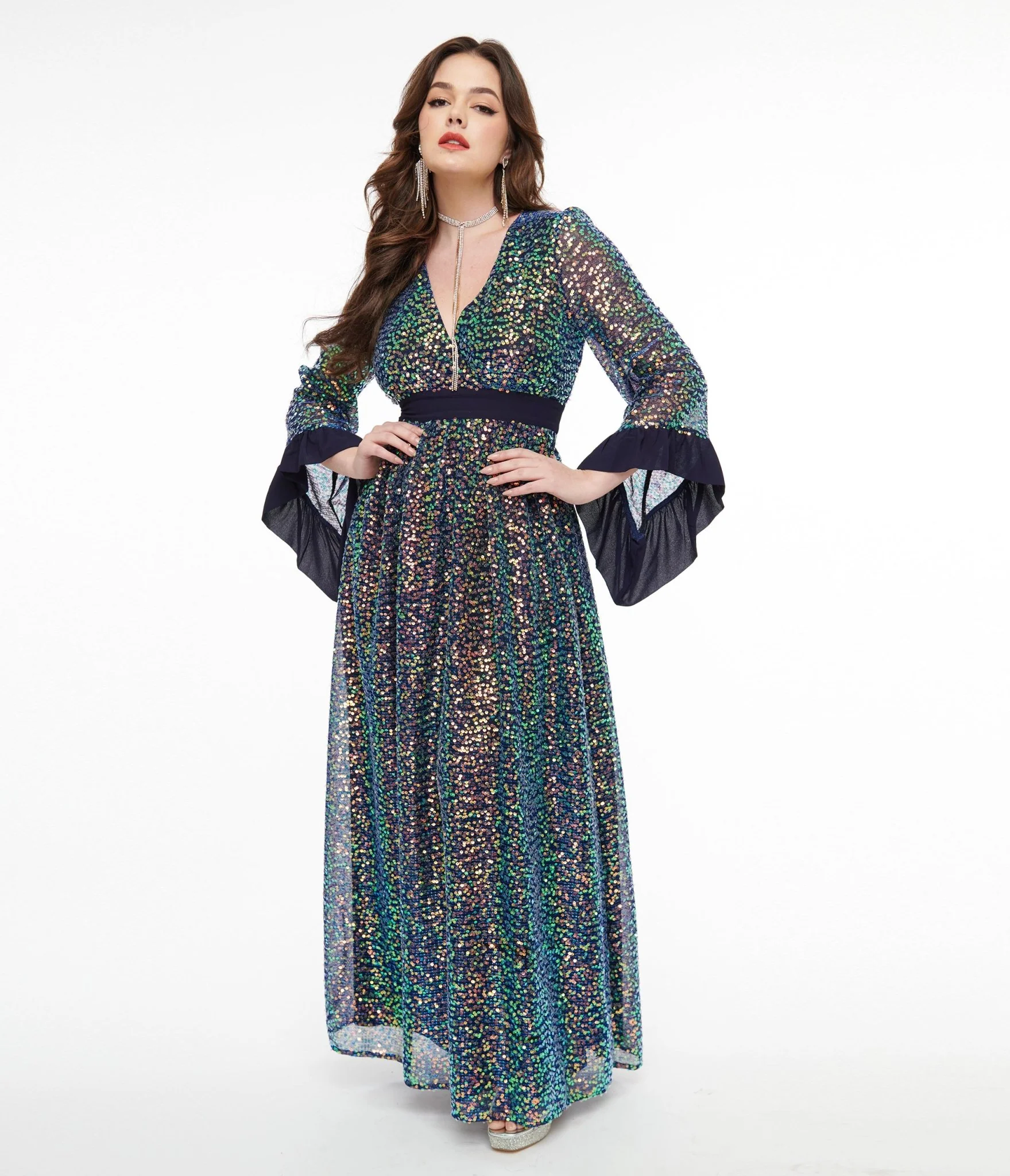 Unique Vintage 1960s Navy Glitter Sequin Maxi Dress