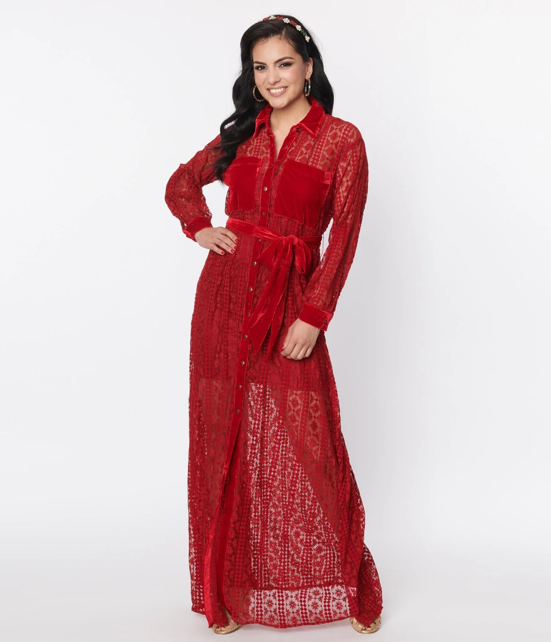 Unique Vintage 1970s Burgundy Lace Blanche Maxi Shirtdress