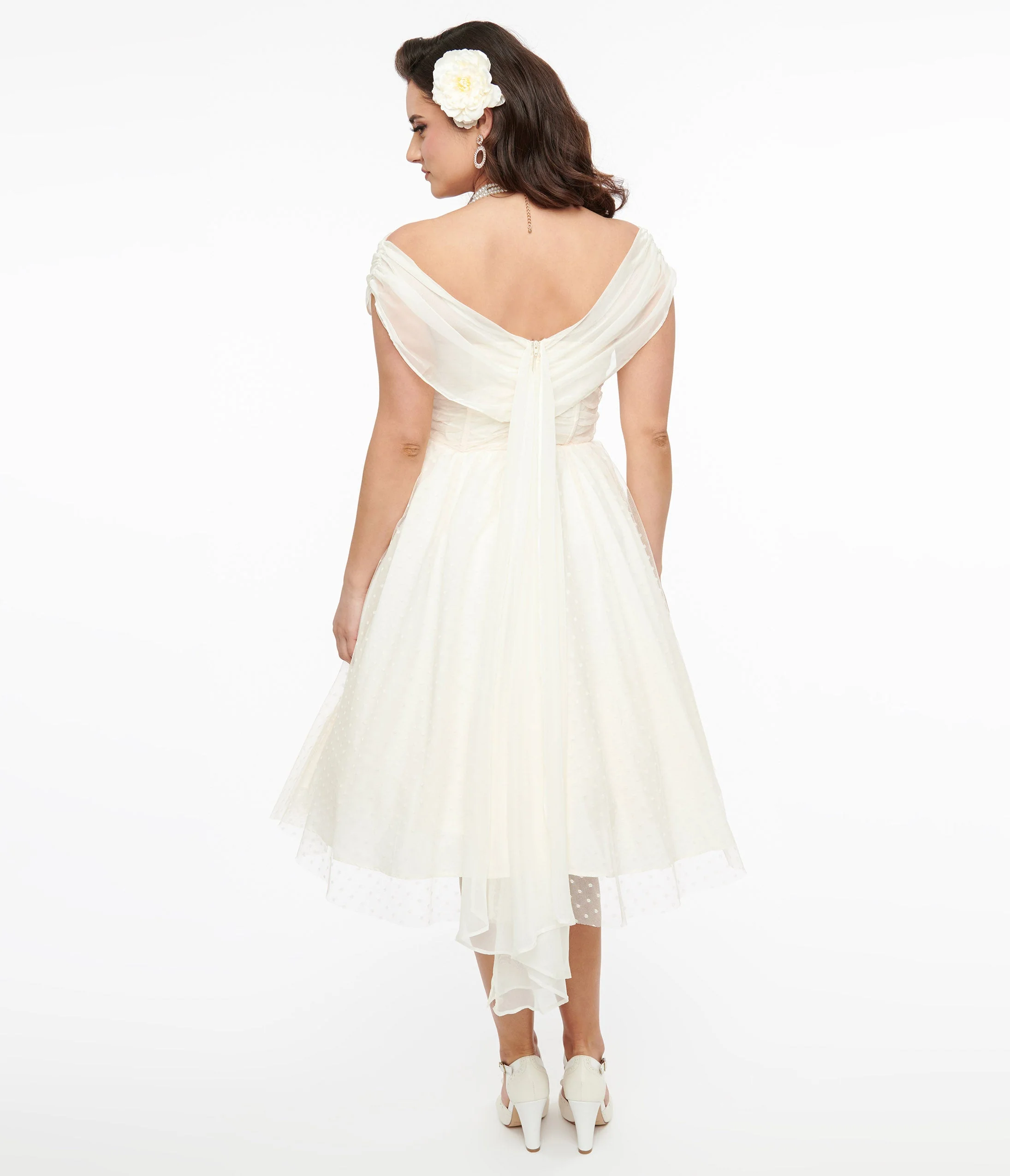 Unique Vintage 1950s Ivory Clip Dot Off The Shoulder Cocktail Dress