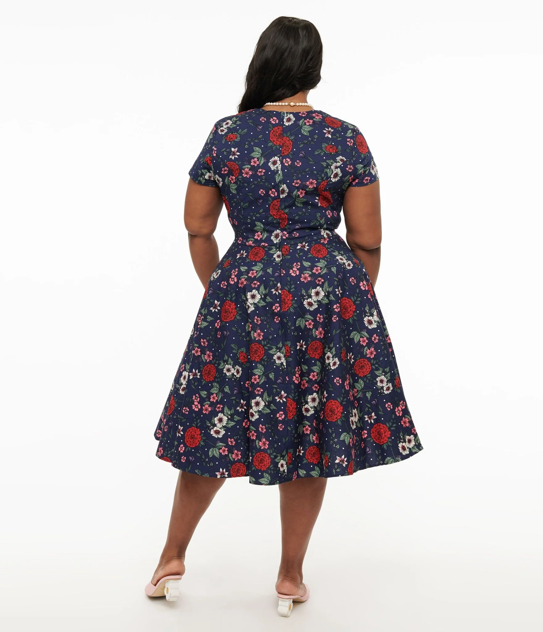 Hell Bunny Plus Size 1950s Navy Blue & Red Floral Camellia Midi Dress