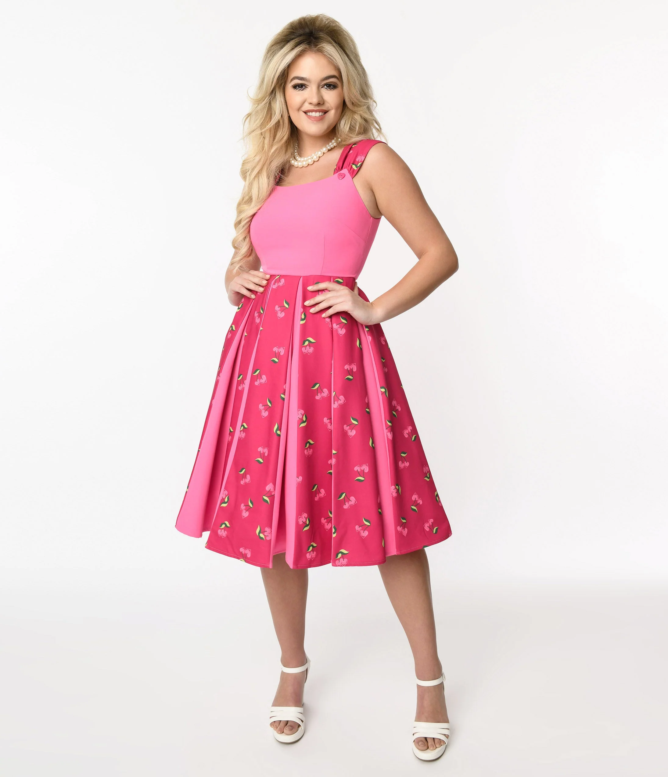 Unique Vintage Hot Pink & Heart Cherry Stripe Swing Dress