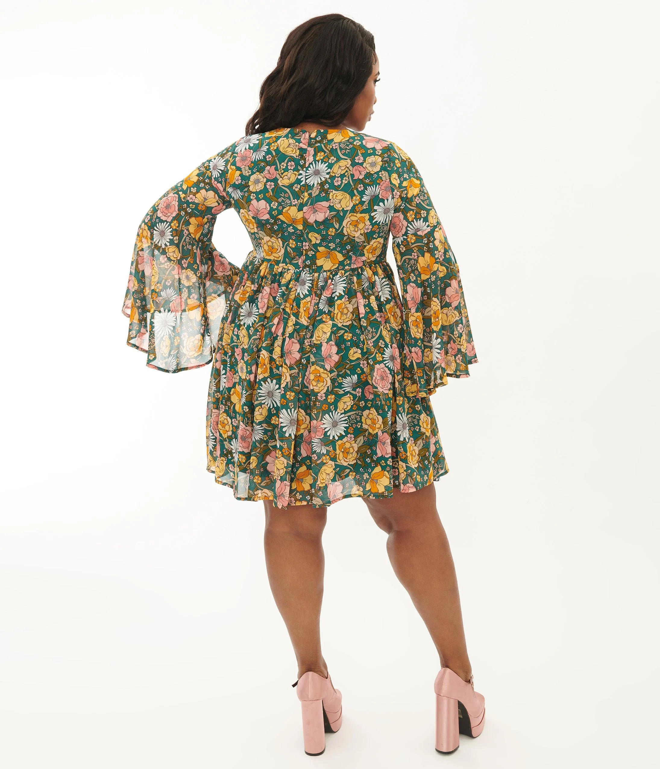 Unique Vintage Plus Size Hunter Green Floral Empire Waist Dress