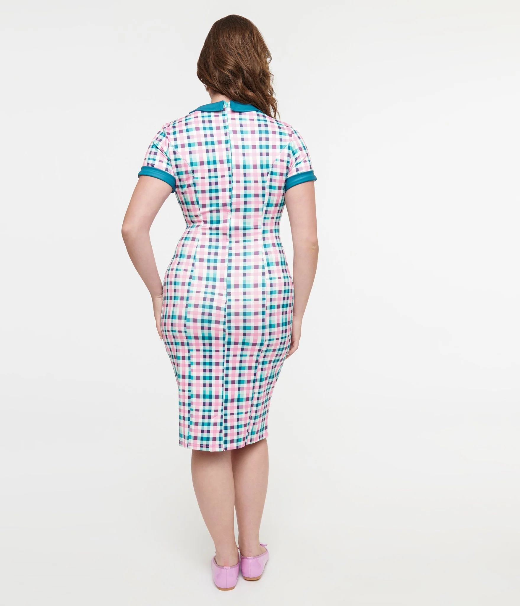 Dolly & Dotty 1950s Pink & Teal Plaid Toni Pencil Dress