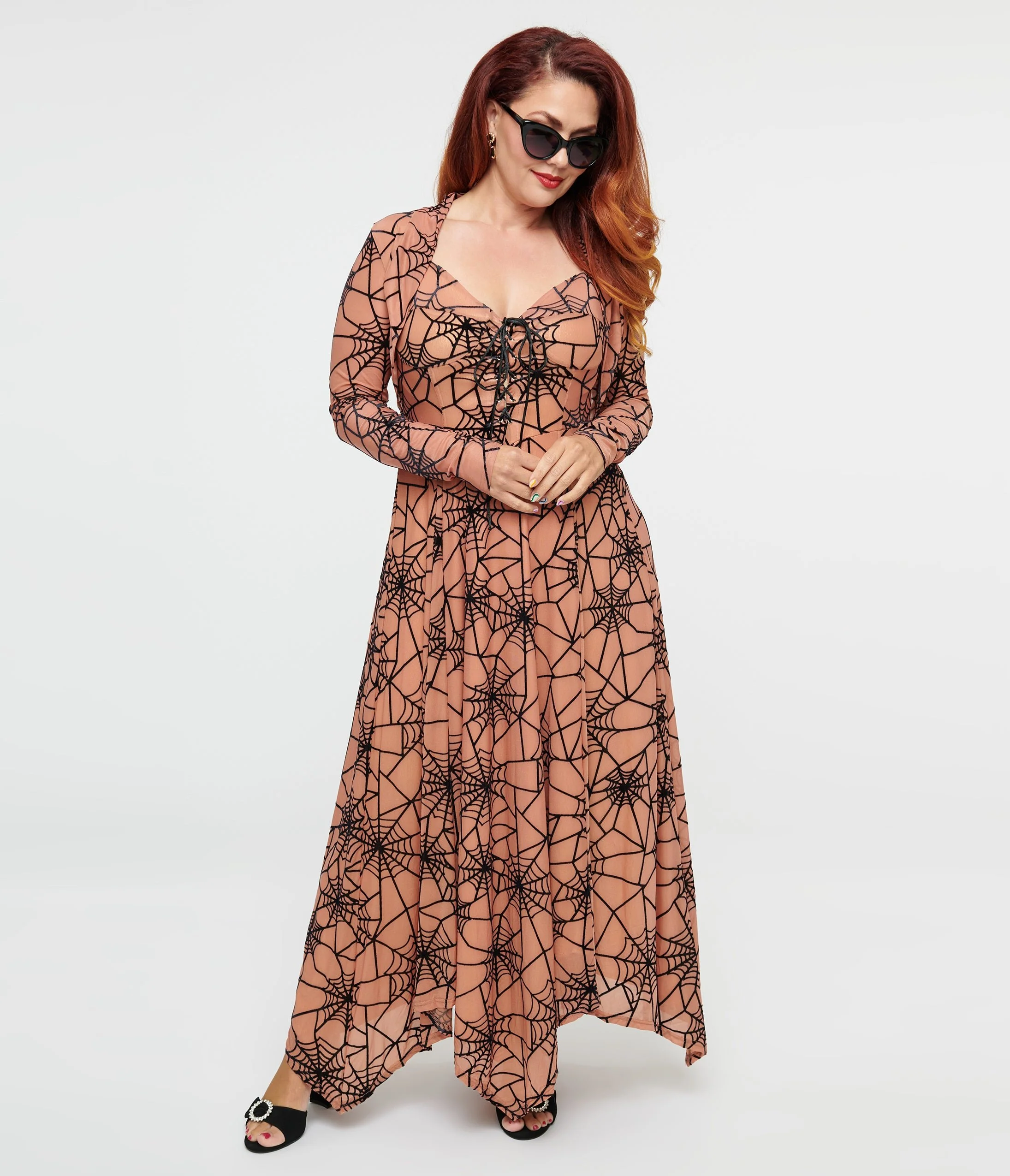 Peach & Black Spiderweb Willow Maxi Dress & Bolero Set