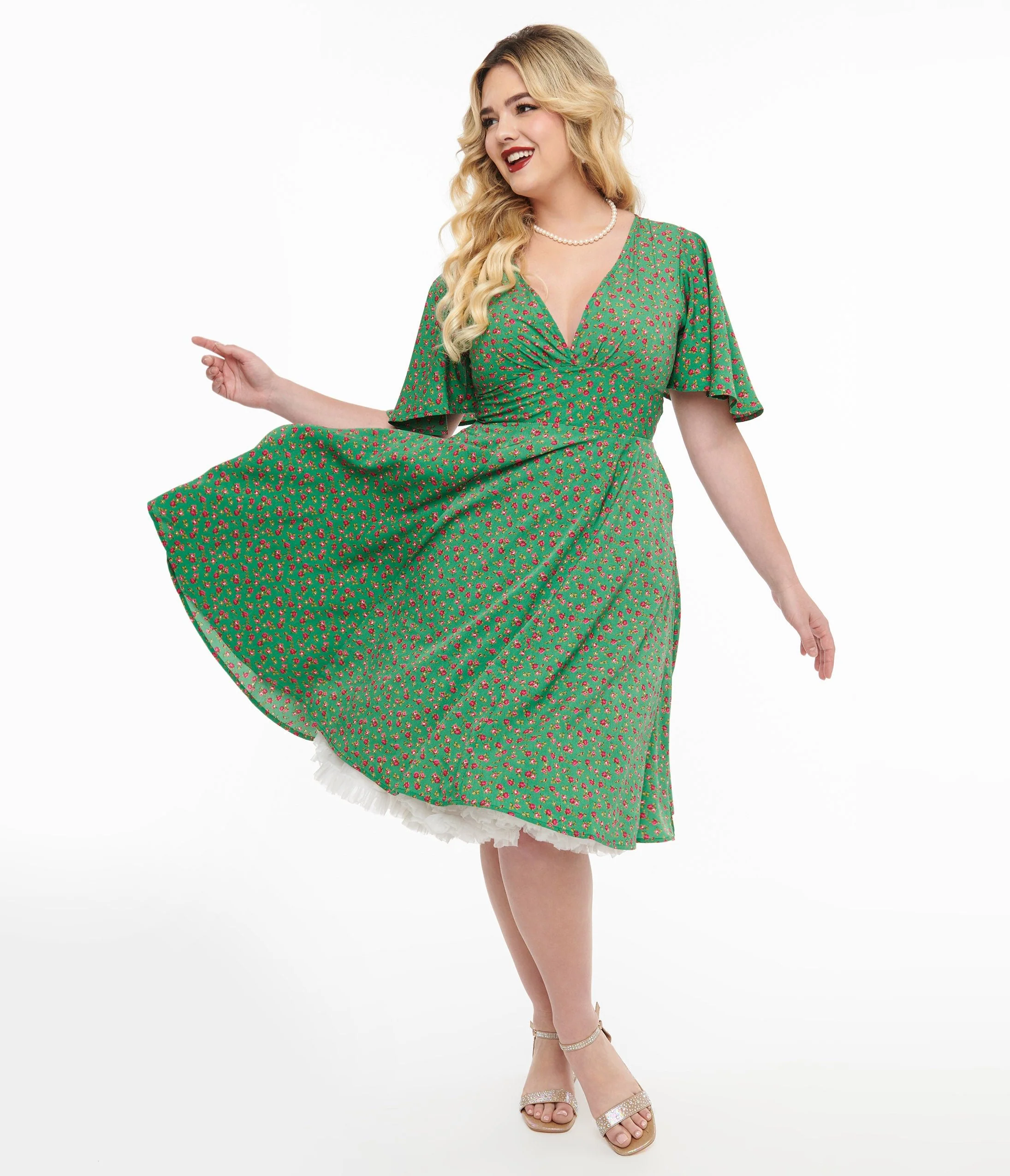 1950s Green & Pink Rose Fit & Flare Dress
