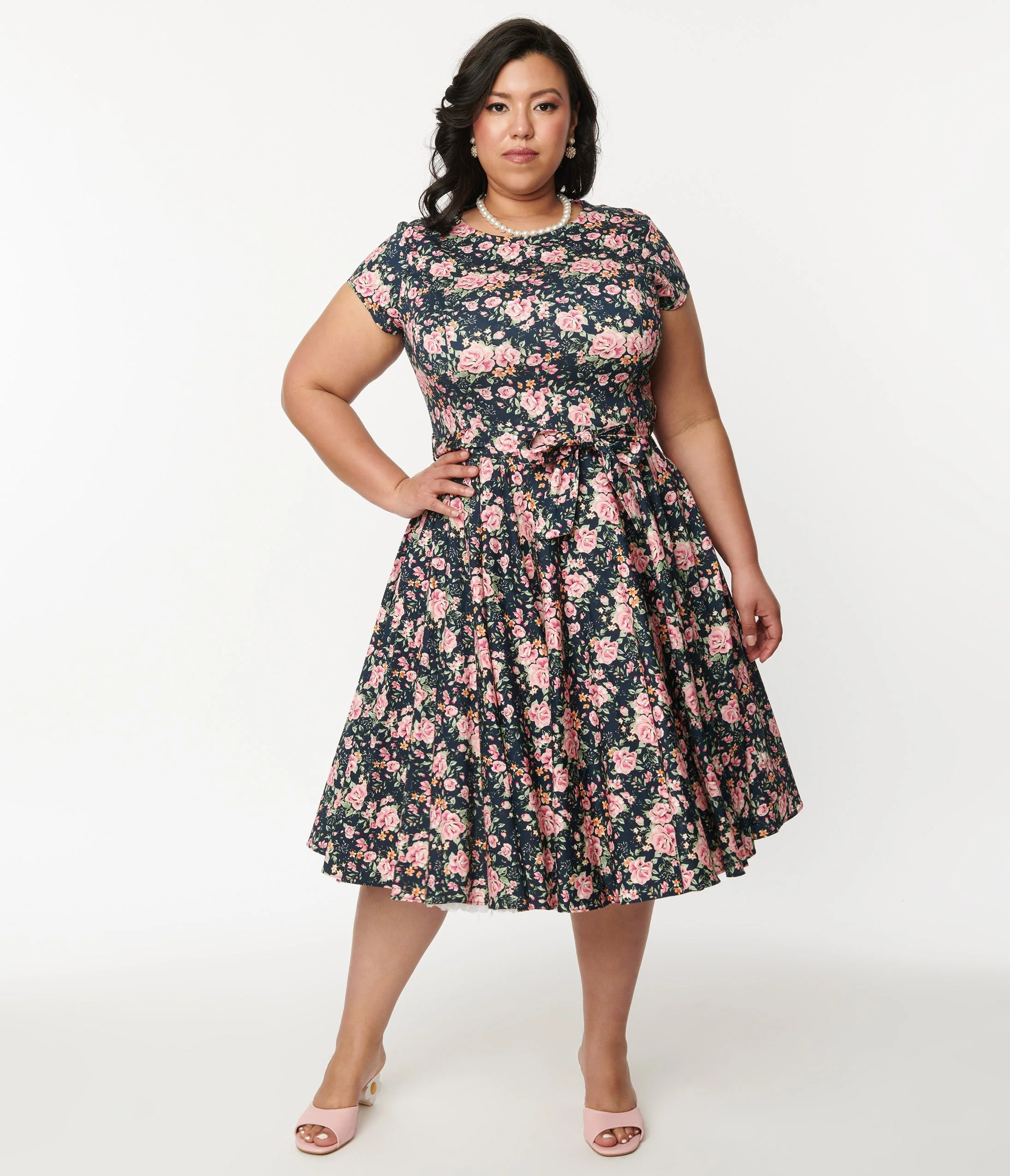 Plus Size Black & Pink Floral Cleo Swing Dress
