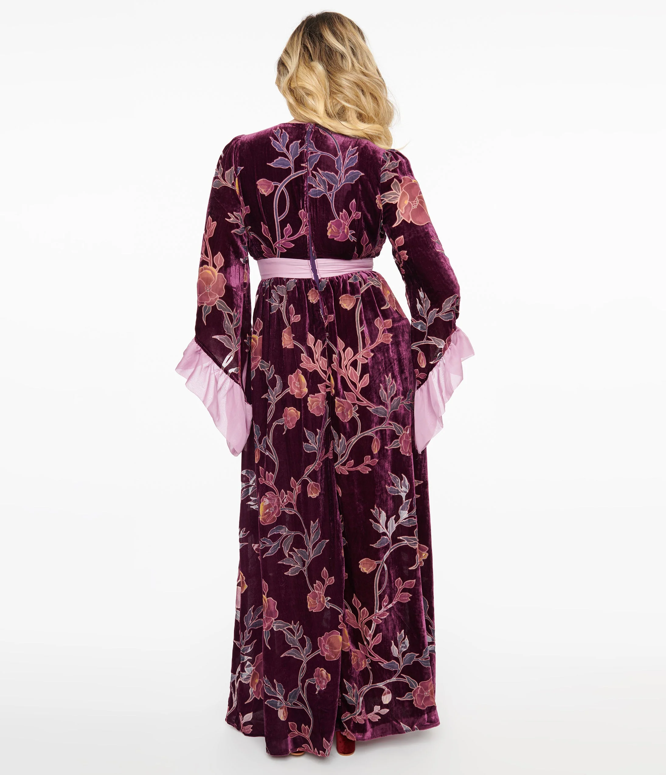 Unique Vintage 1960s Purple Floral Burnout Velvet Maxi Dress