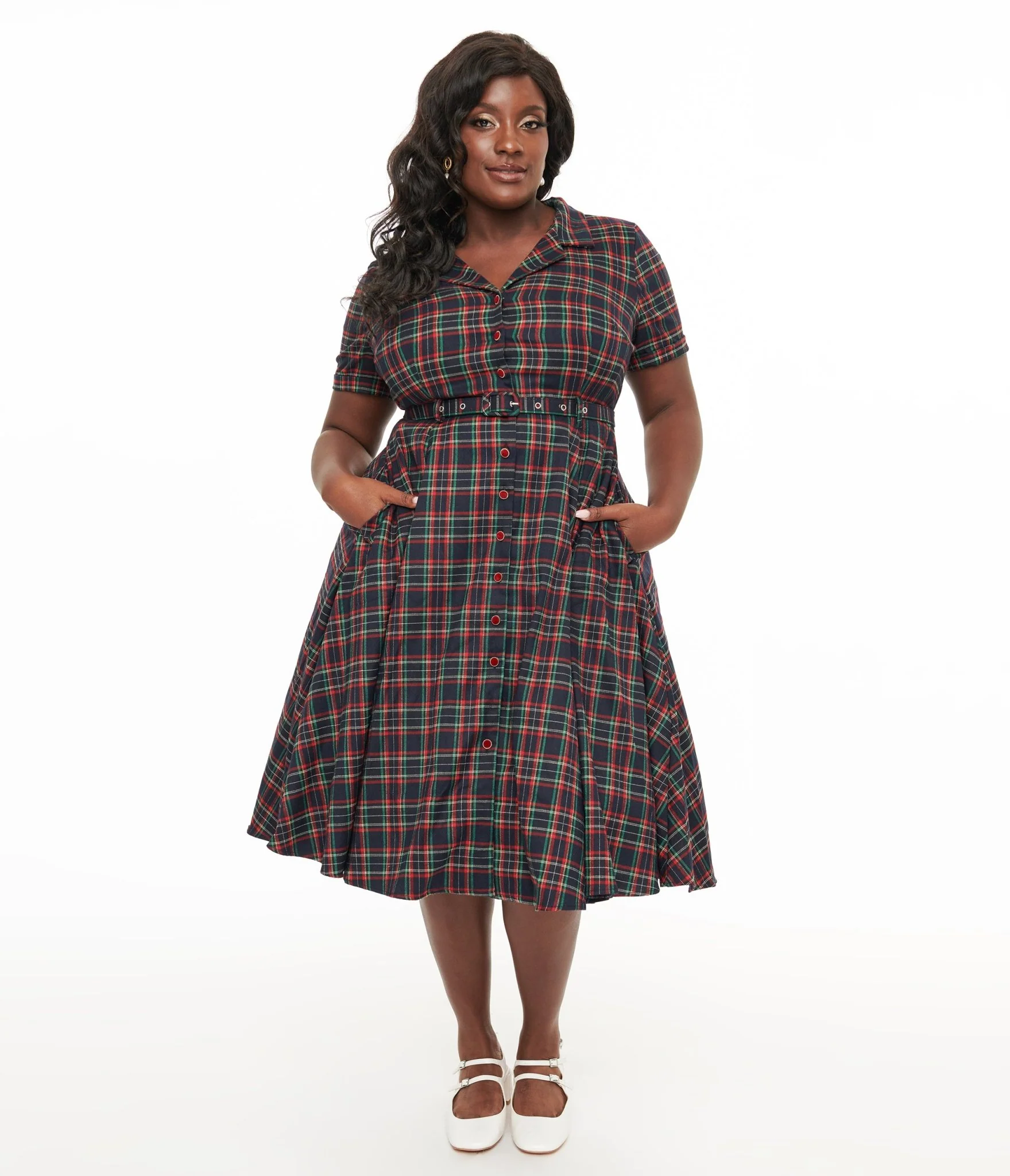 Royal Monk Plus Size 1950s Green & Red Plaid Merry Holidays Swing Dress