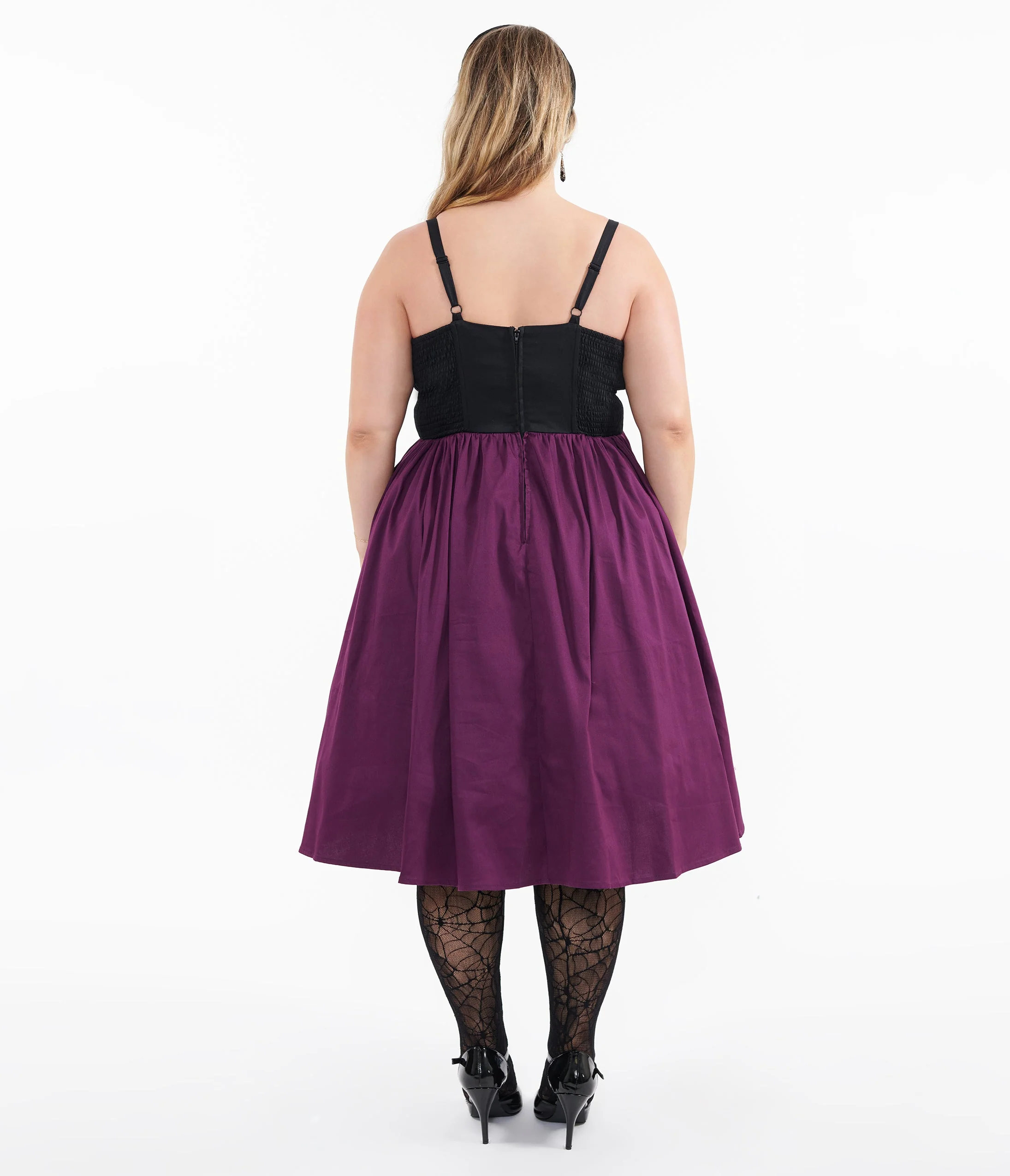 Unique Vintage Plus Size 1950s Purple & Black Glitter Cat Swing Dress