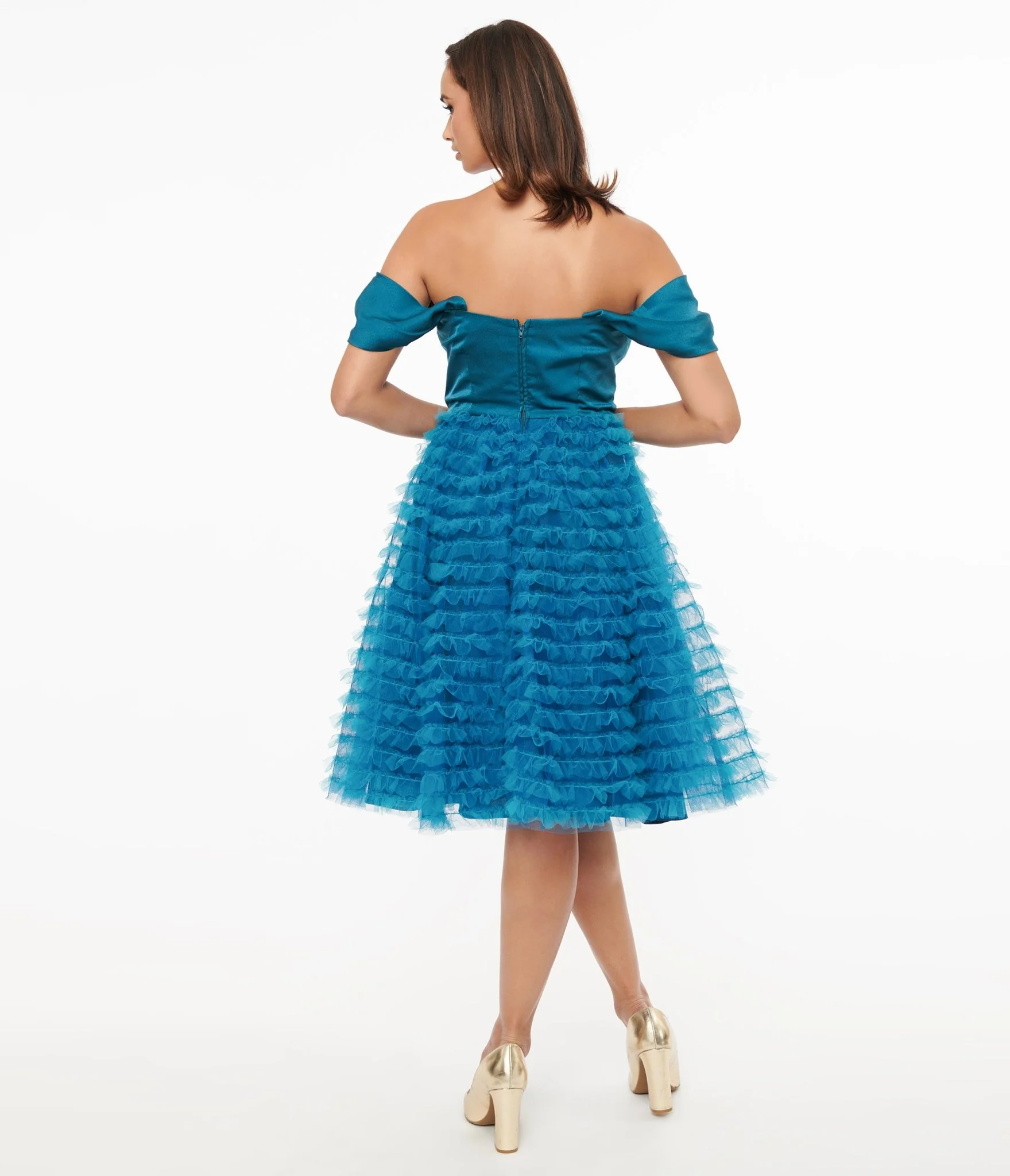 Unique Vintage 1950s Teal Mesh Tulle Off The Shoulder Swing Dress
