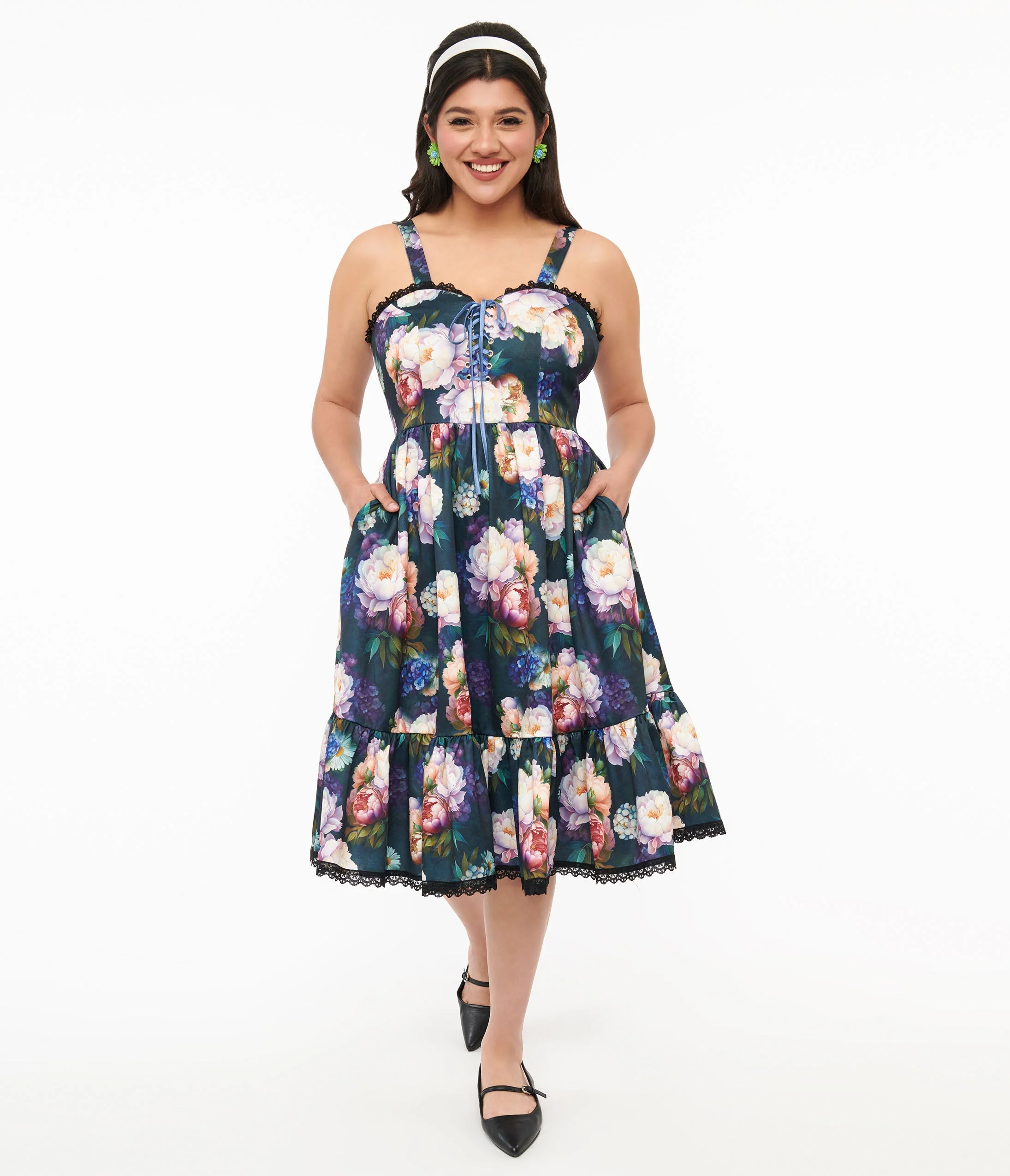 Dark Green Floral Heidi Swing Dress