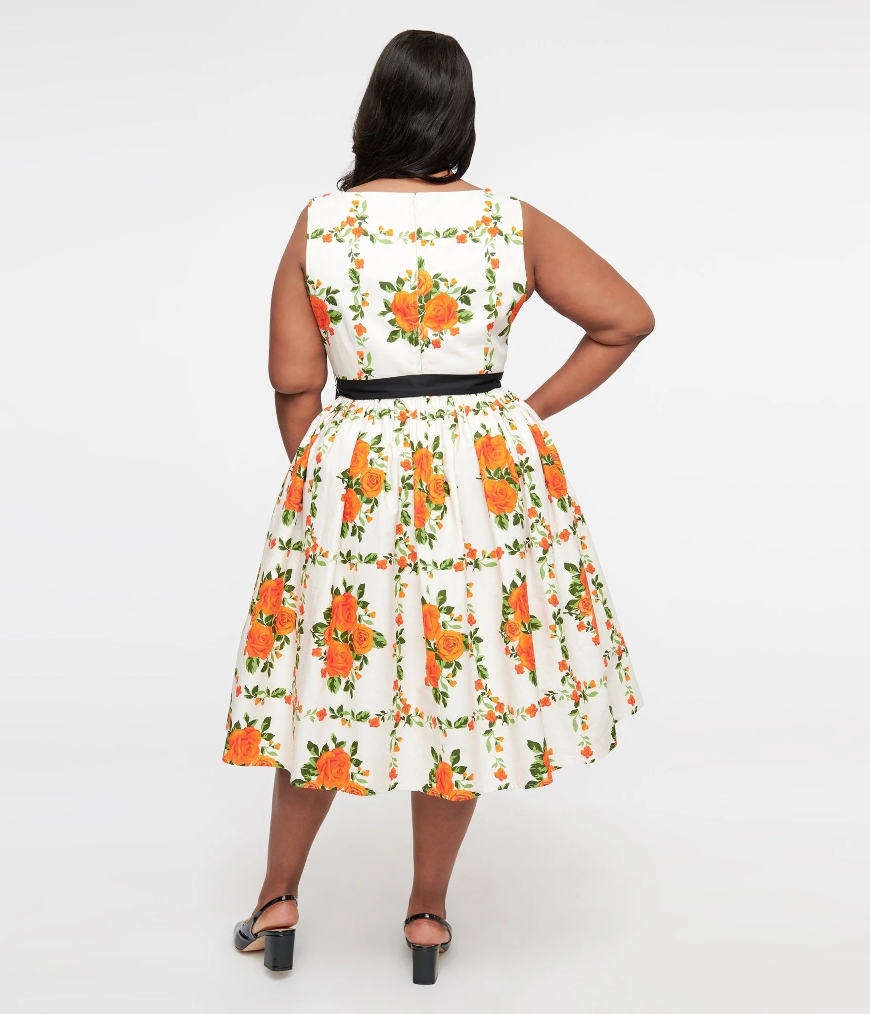 Unique Vintage Plus Size 1950s Orange Fall Floral Sleeveless Swing Dress