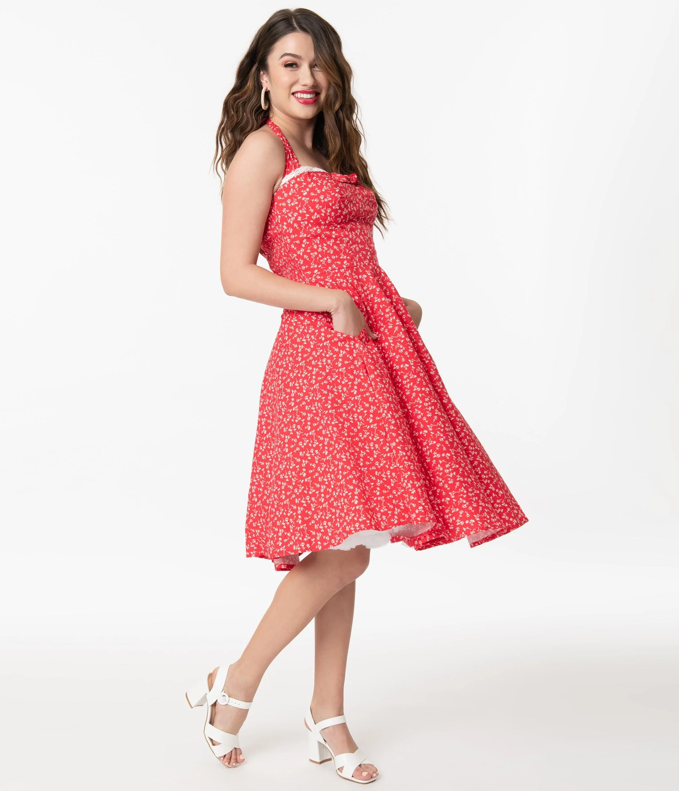Retro Red & White Floral Halter Kimberly Swing Dress