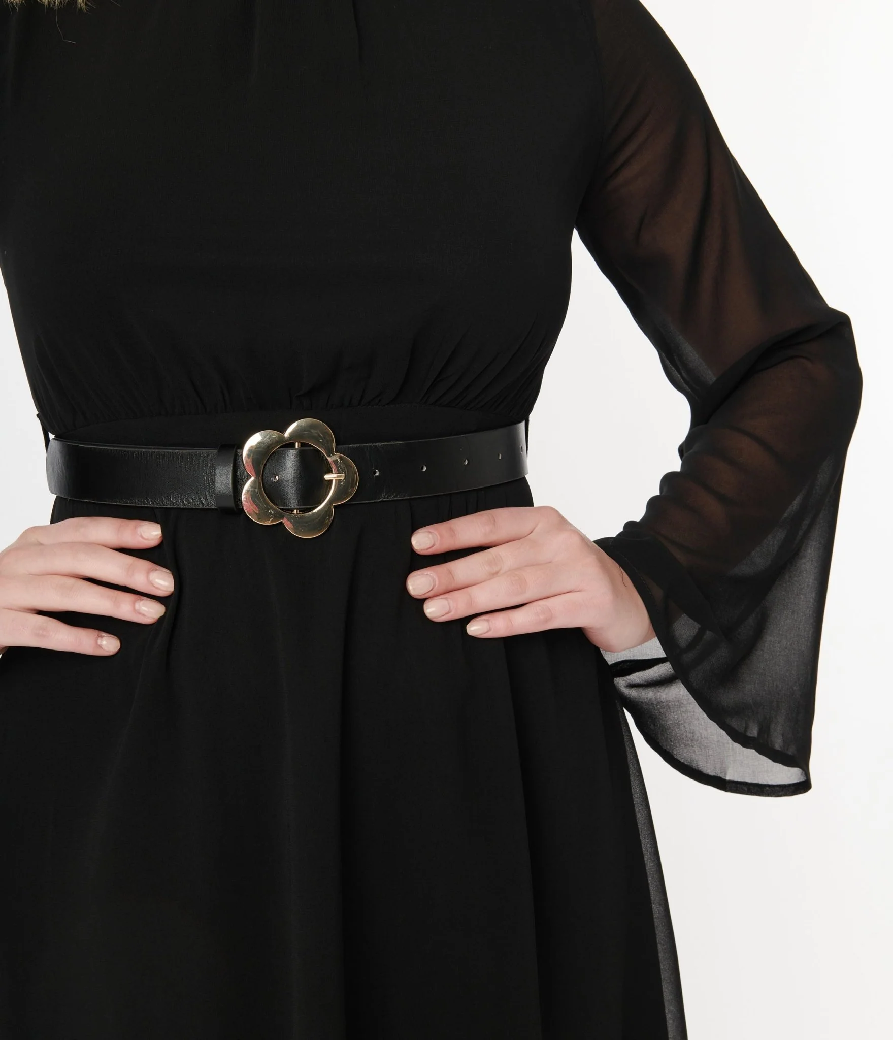 Voodoo Vixen Black Chiffon Belted Flare Dress