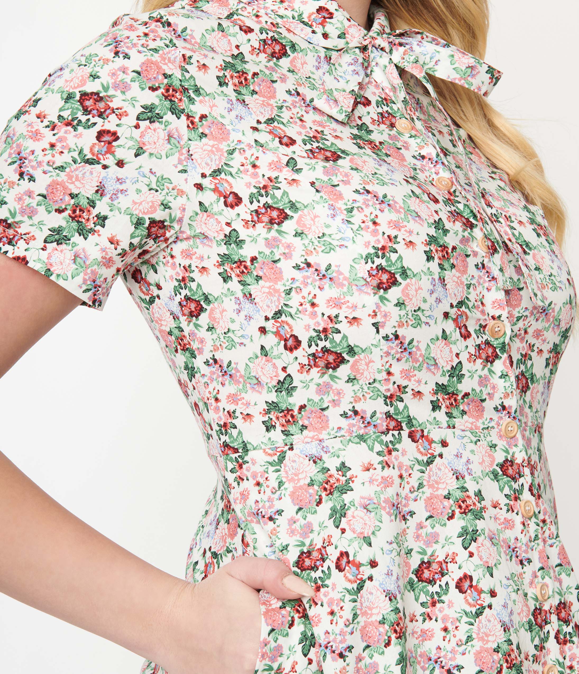 1940s Pink Floral Button Front Swing Dress