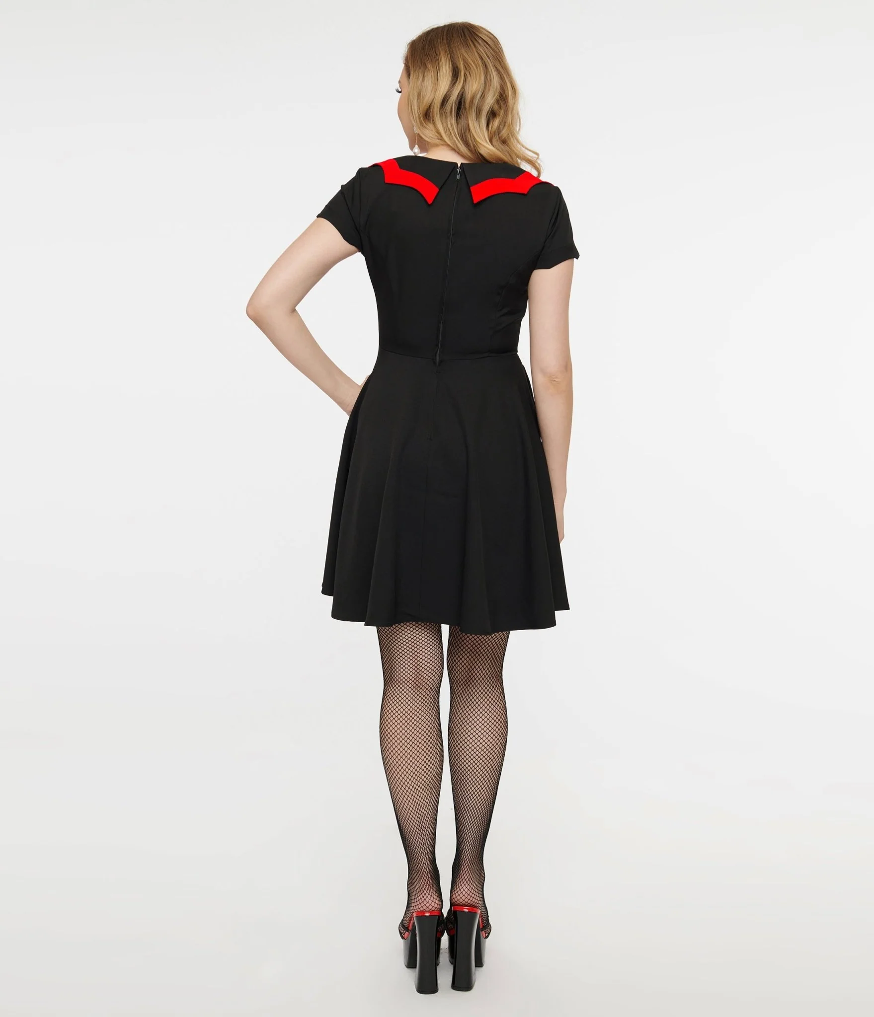 1950s Black & Red Bat Wing Collar Mini Dress