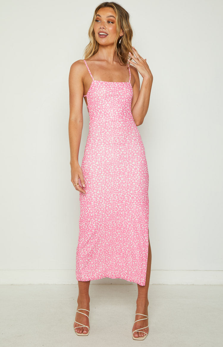 Joslyn Pink Floral Mesh Midi Dress