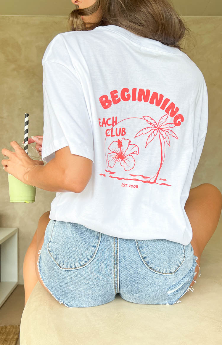 Beach Club White Print Oversized Tee