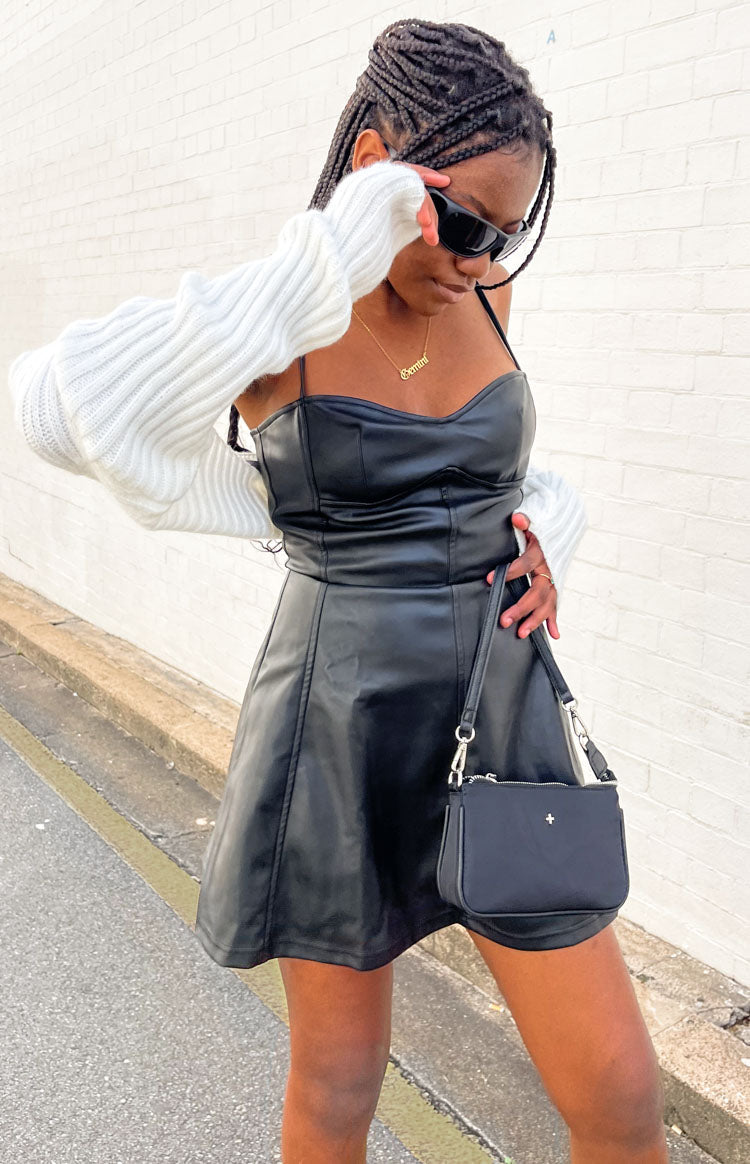 Ishani Black Faux Leather Mini Dress