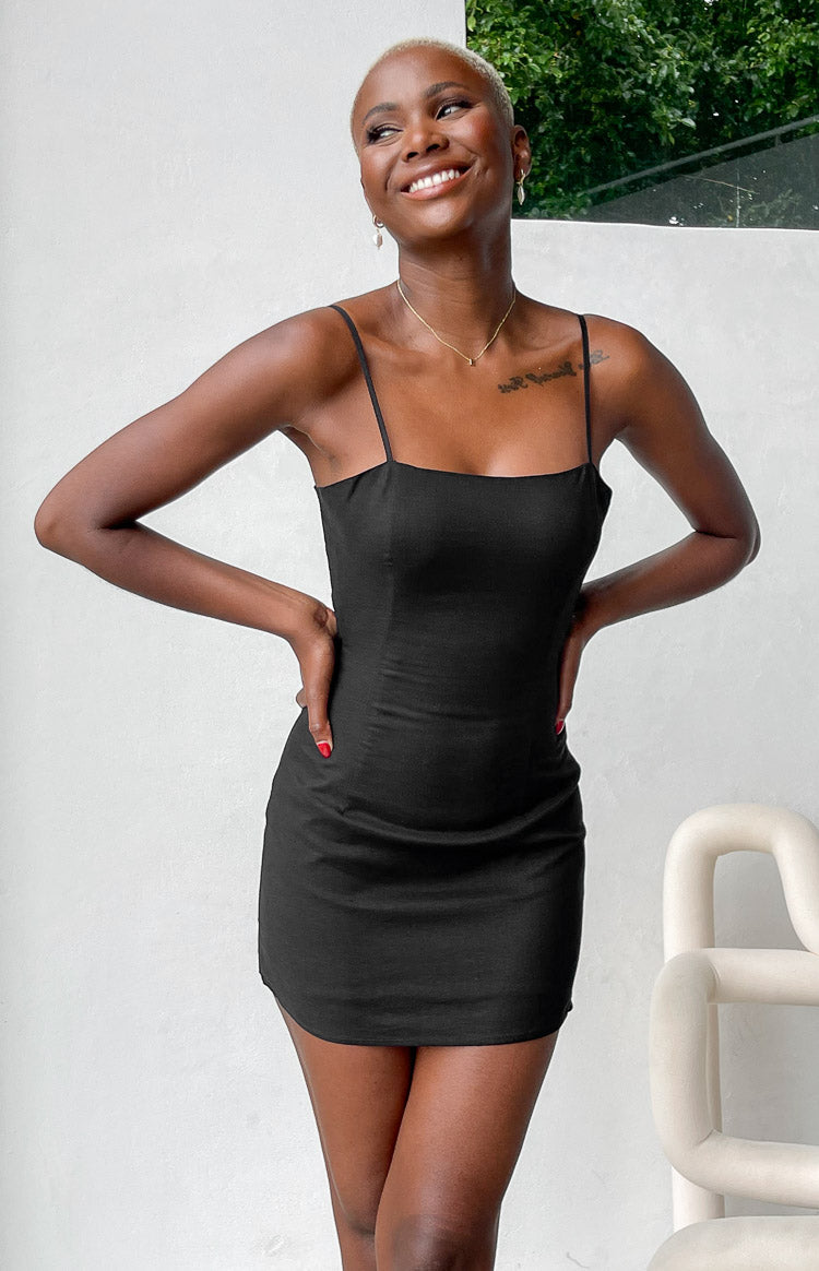 Cherie Black Linen Blend Mini Dress