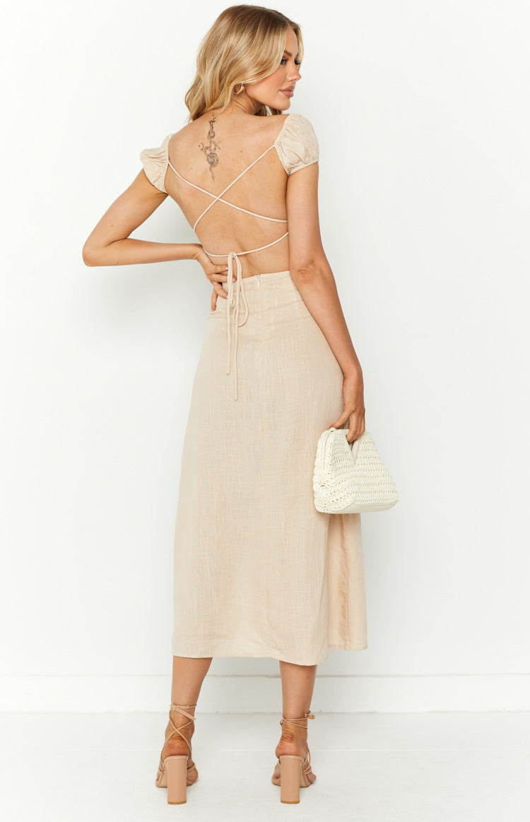 Saisha Beige Off The Shoulder Maxi Dress
