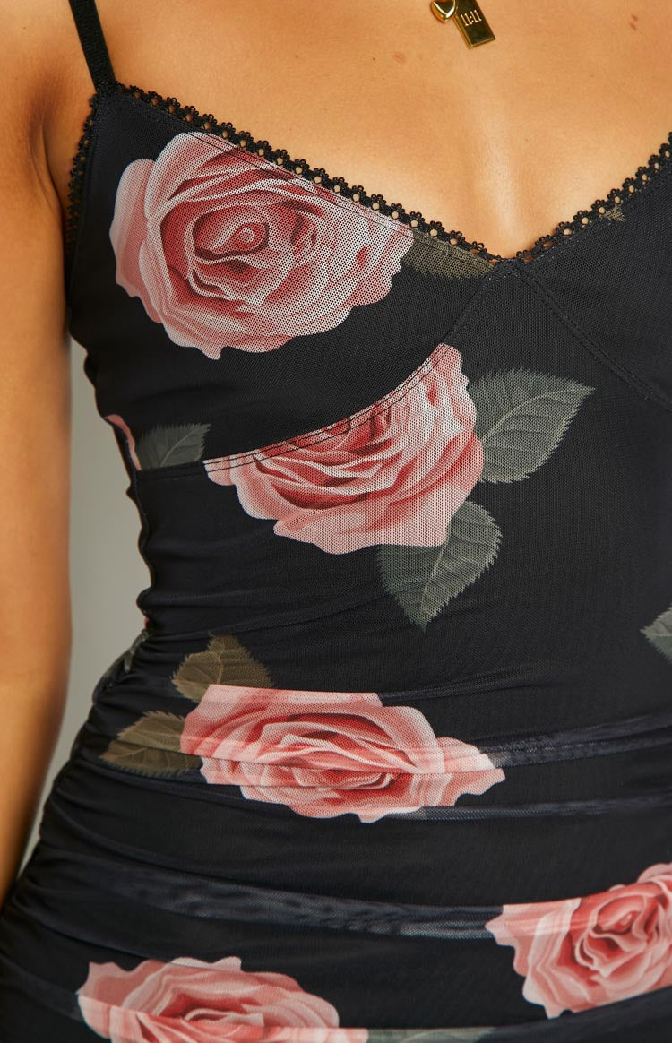 Capri Black Floral Mesh Midi Dress