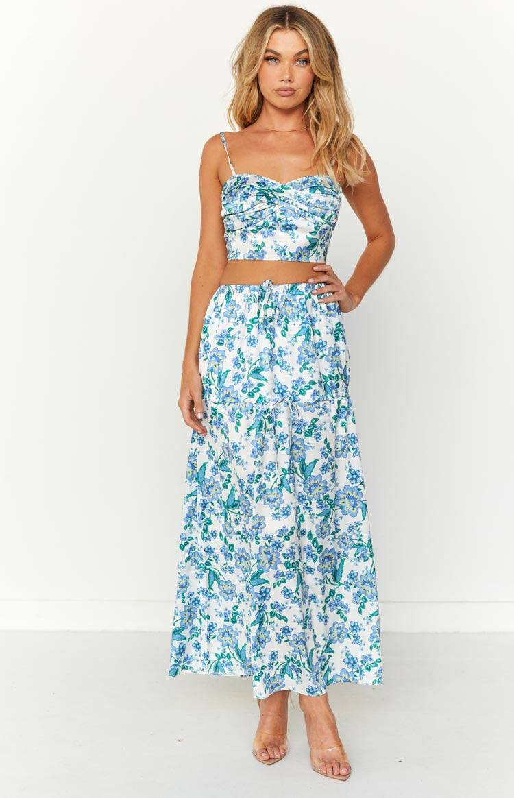 Sweet Satin Blue Floral Maxi Skirt