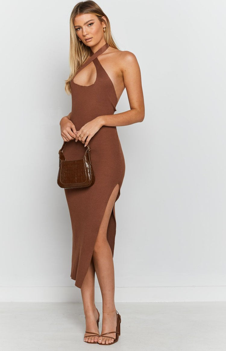 She's Not Afraid Halter Midi Dress Chocolate