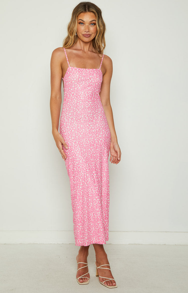 Joslyn Pink Floral Mesh Midi Dress