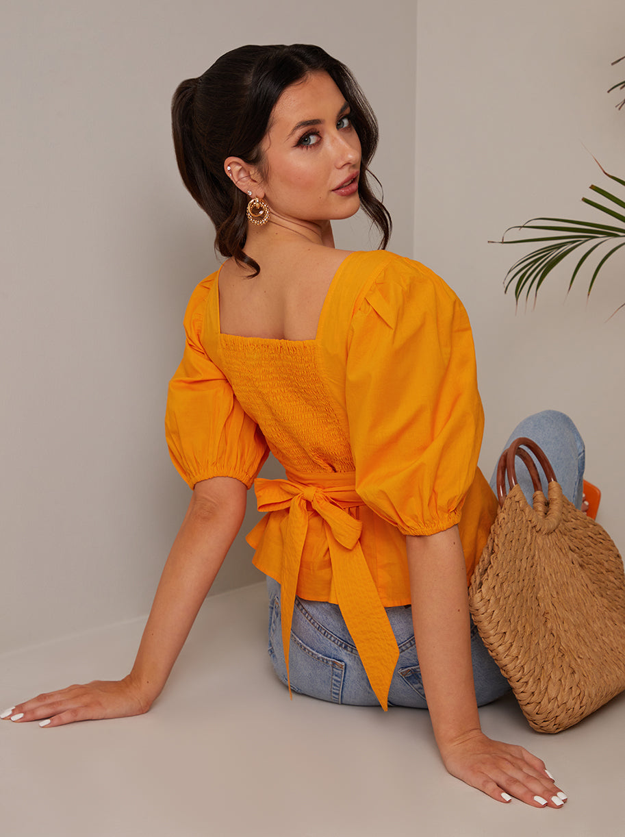 Square Neck Puff Sleeve Top in Orange