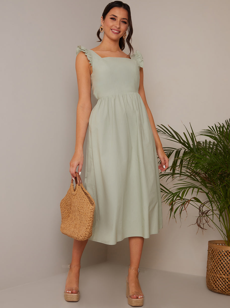 Ruffle Sleeve Cotton Poplin Midi Dress in Green
