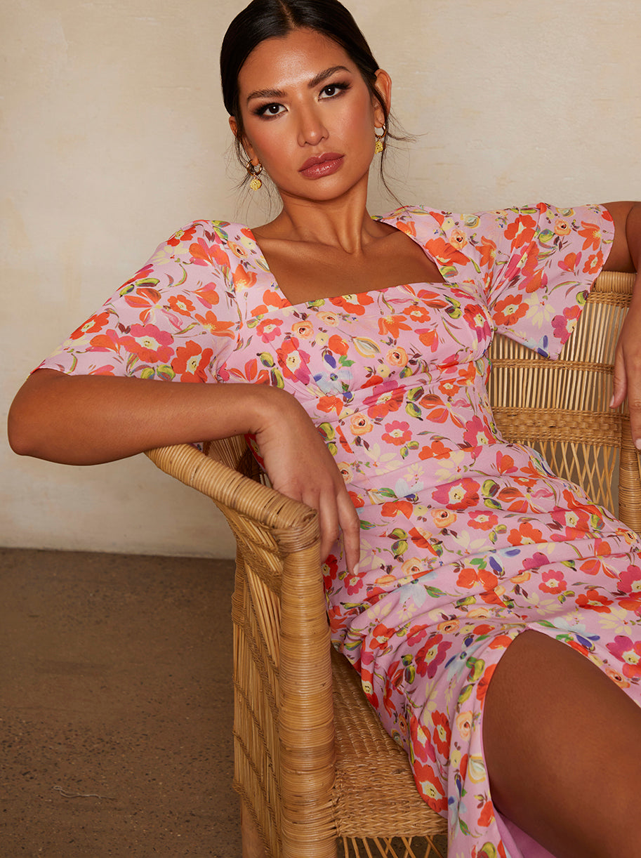 Short Sleeve Square Neck Floral Midi Dress in Pink