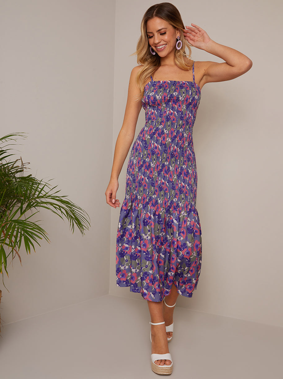Floral Print Shirred Bodice Midi Dress in Blue