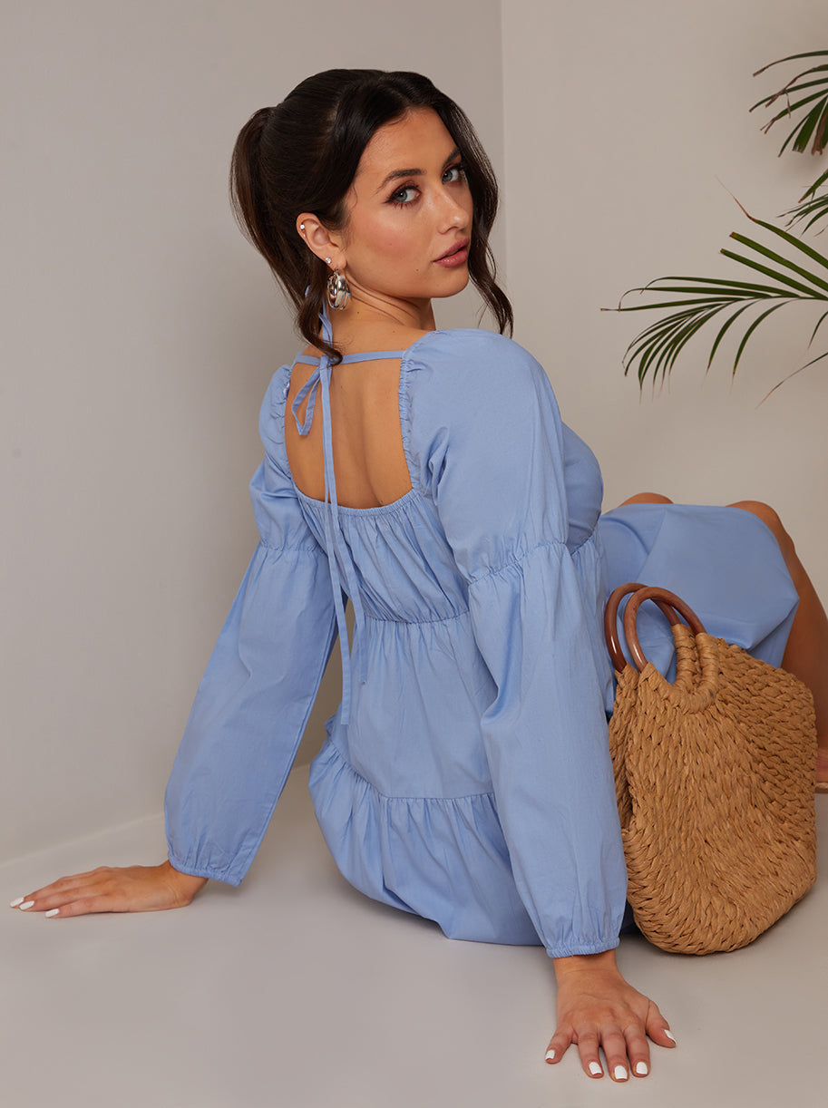 Square Neck Cotton Tiered Mini Dress in Blue